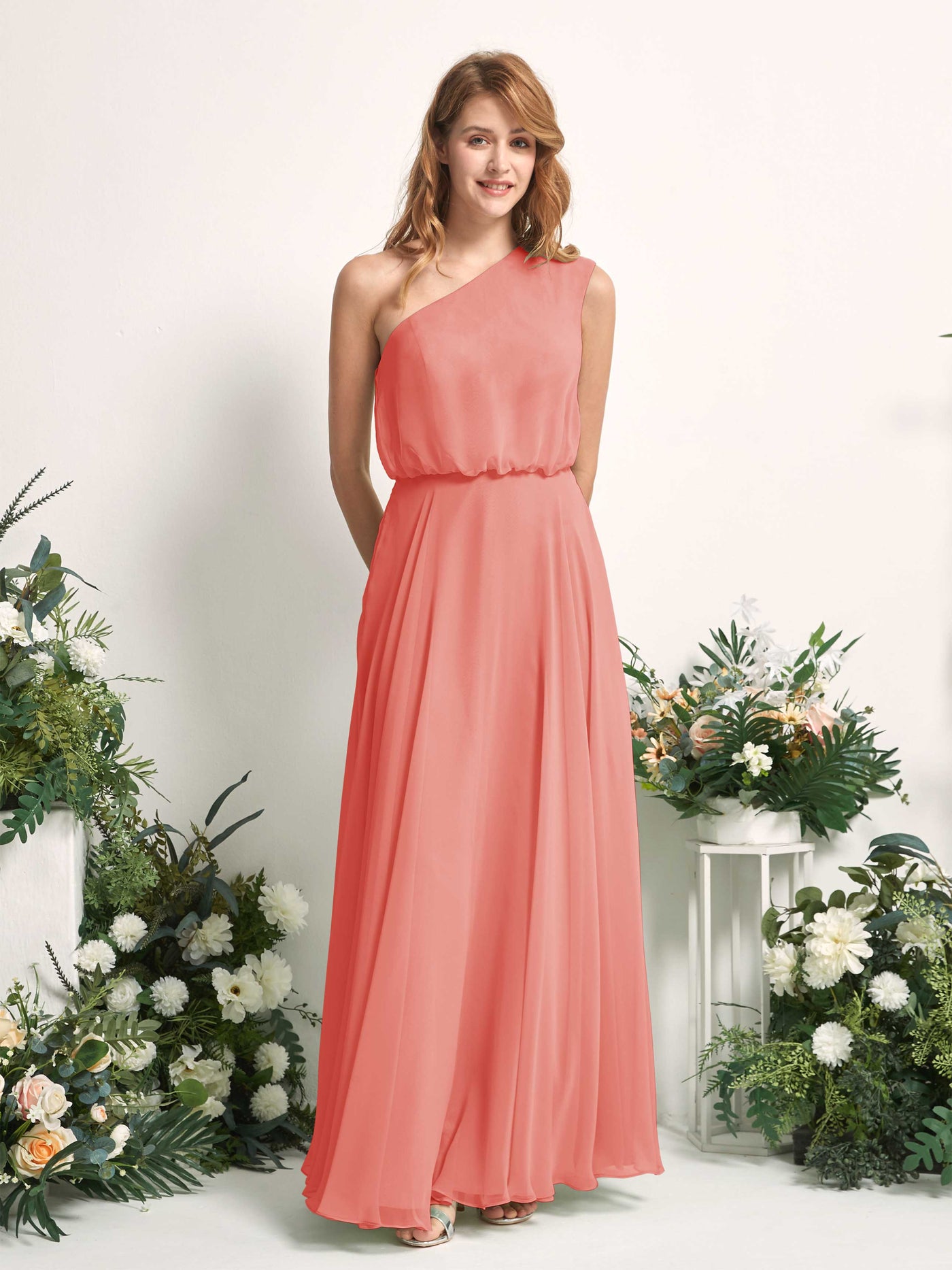 Bridesmaid Dress A-line Chiffon One Shoulder Full Length Sleeveless Wedding Party Dress - Peach Pink (81226829)#color_peach-pink