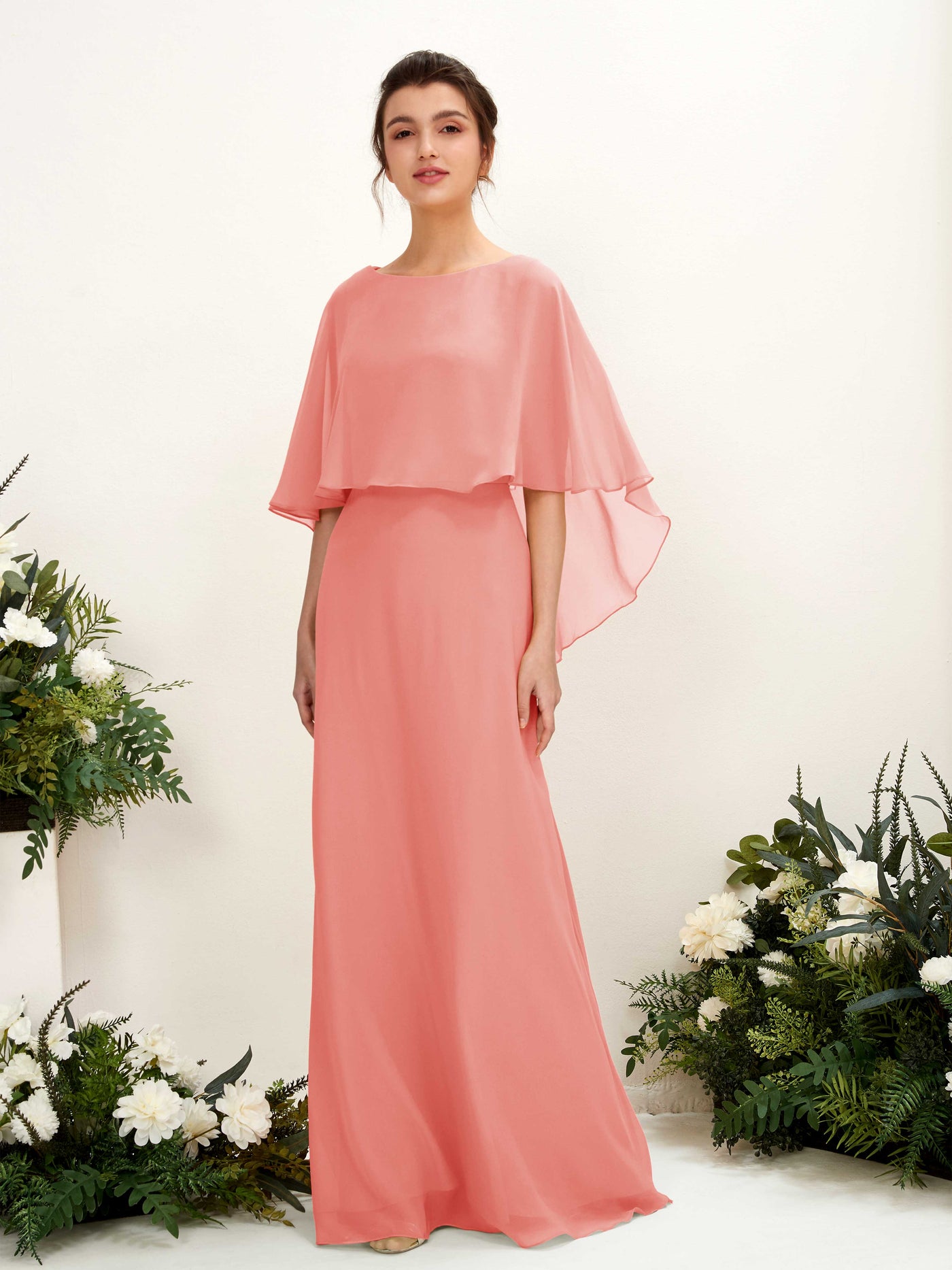 Peach Pink Bridesmaid Dresses Bridesmaid Dress A-line Chiffon Bateau Full Length Sleeveless Wedding Party Dress (81222029)#color_peach-pink