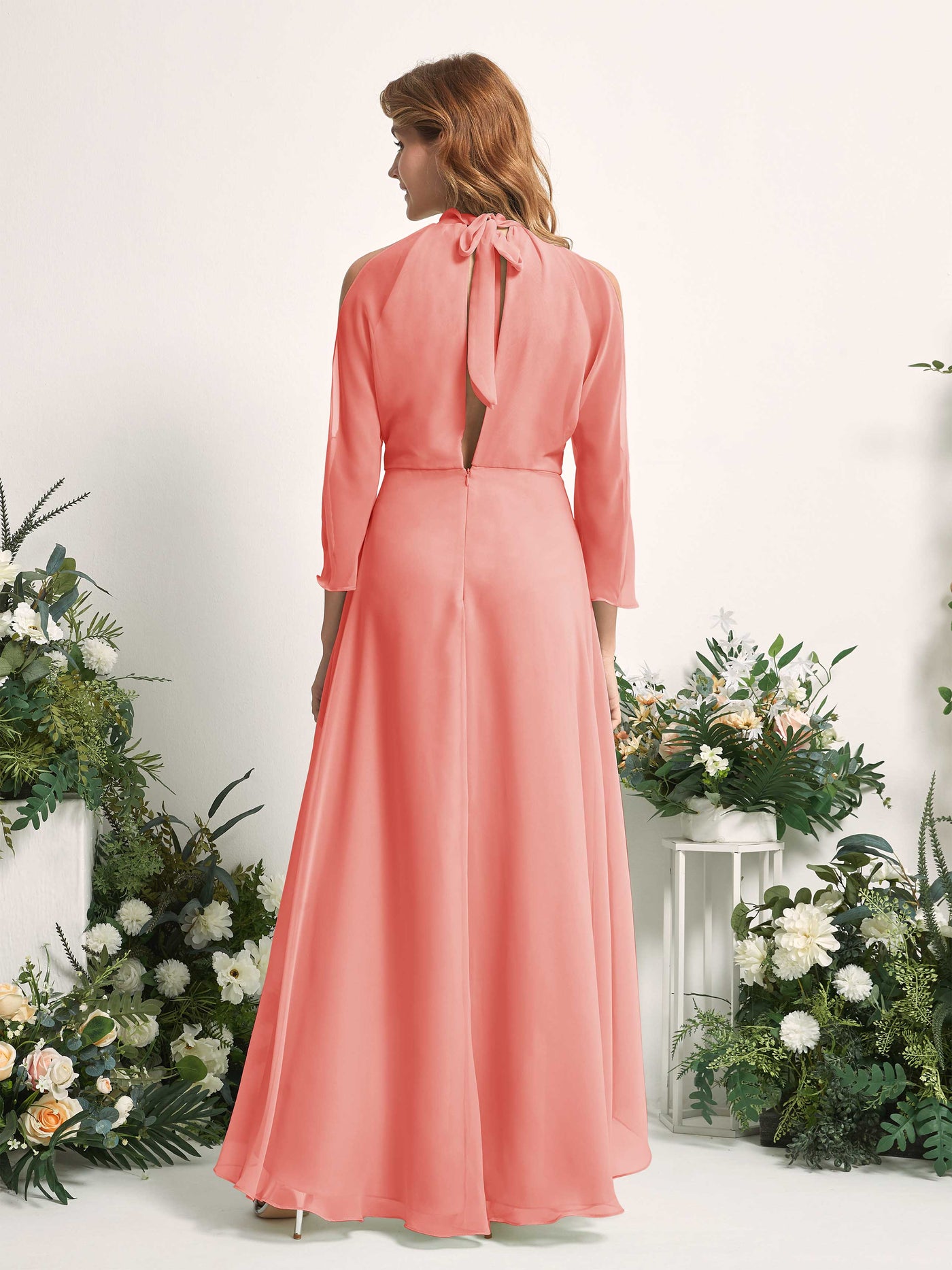 Bridesmaid Dress A-line Chiffon Halter High Low 3/4 Sleeves Wedding Party Dress - Peach Pink (81227629)#color_peach-pink