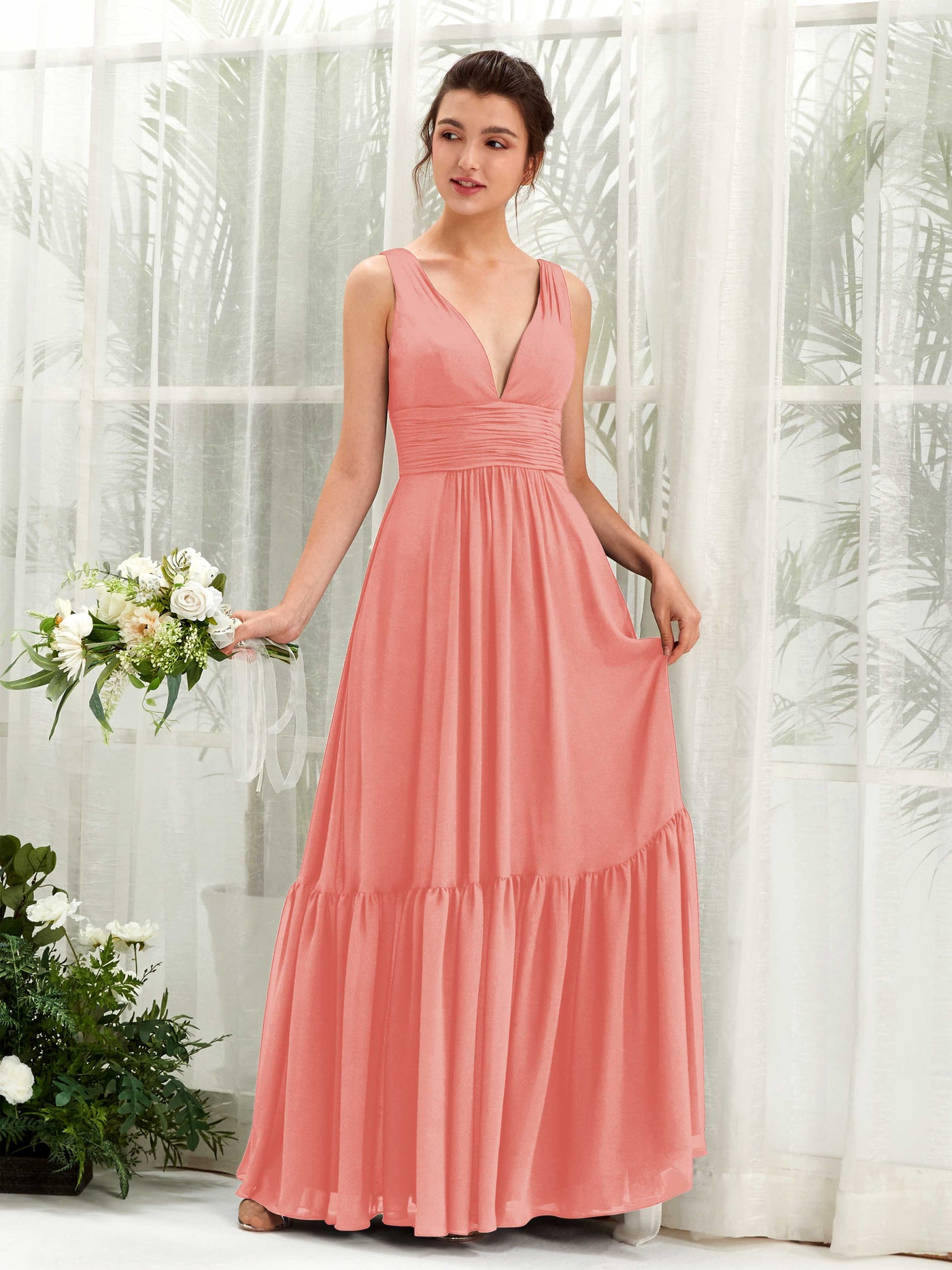 Peach Pink Bridesmaid Dresses Bridesmaid Dress A-line Chiffon Straps Full Length Sleeveless Wedding Party Dress (80223729)#color_peach-pink
