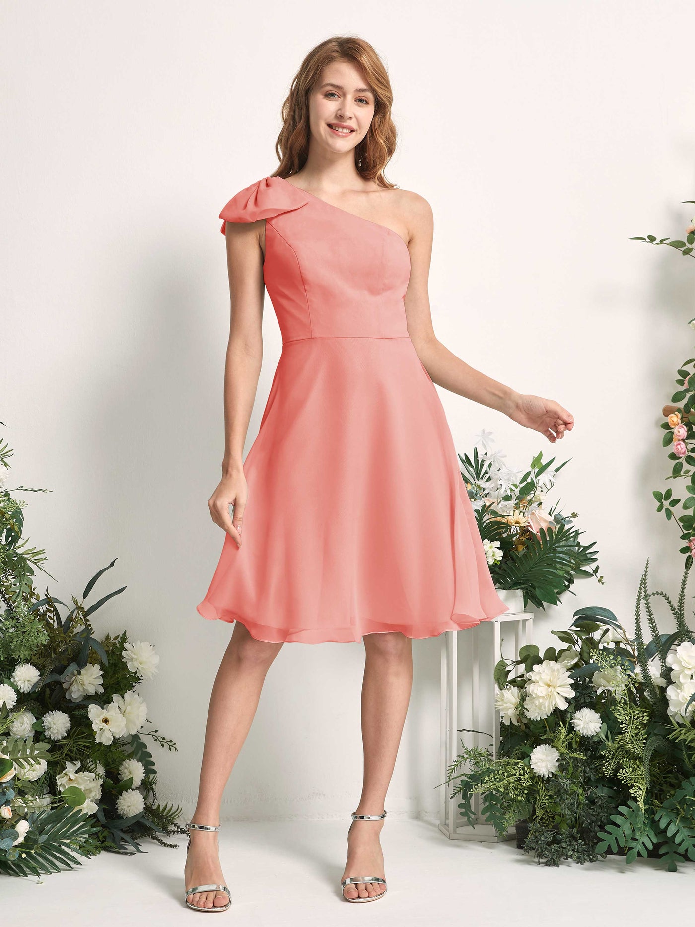 Bridesmaid Dress A-line Chiffon One Shoulder Knee Length Sleeveless Wedding Party Dress - Peach Pink (81227029)#color_peach-pink