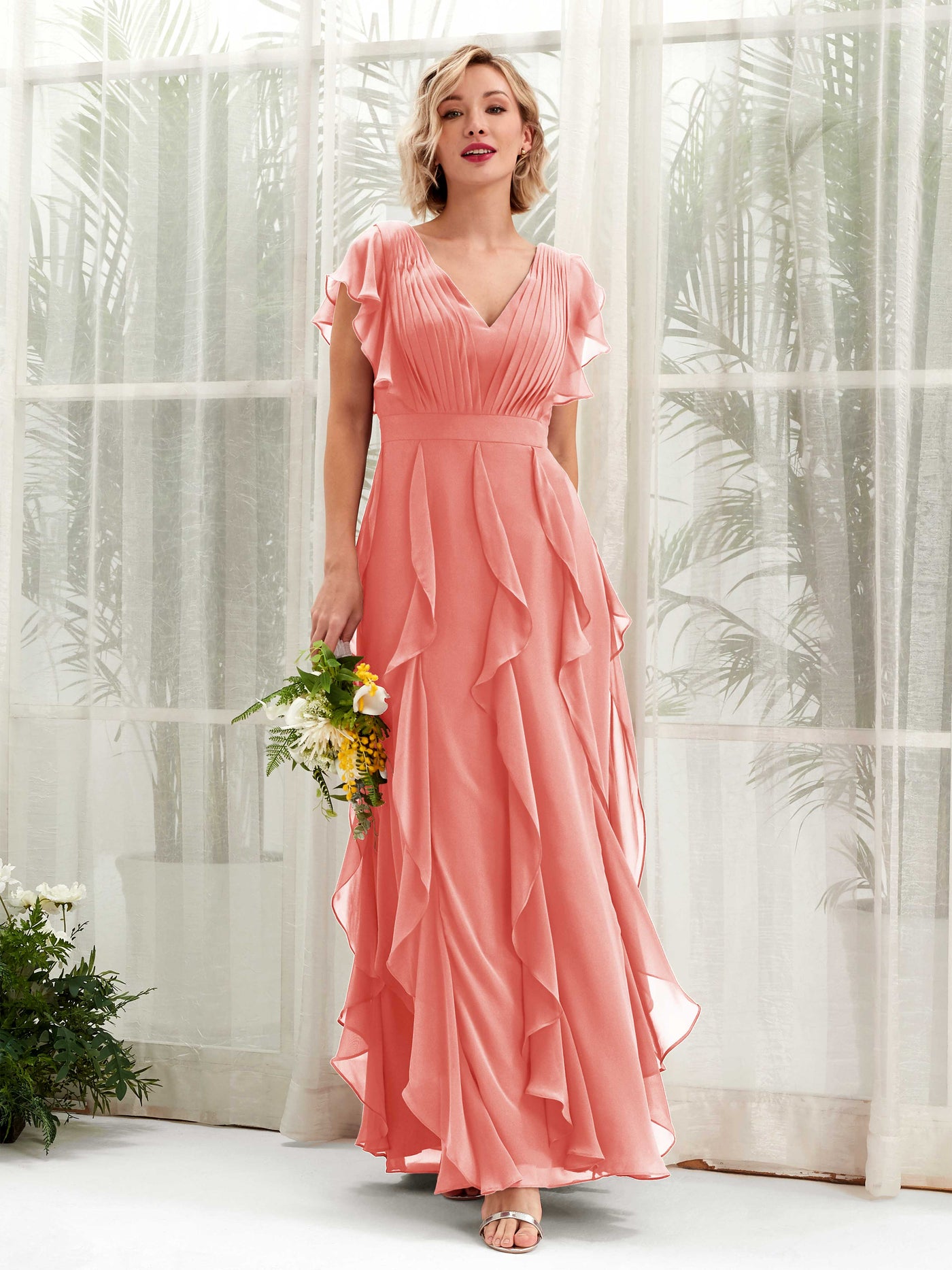 A-line Open back V-neck Short Sleeves Chiffon Bridesmaid Dress - Peach Pink (81226029)#color_peach-pink