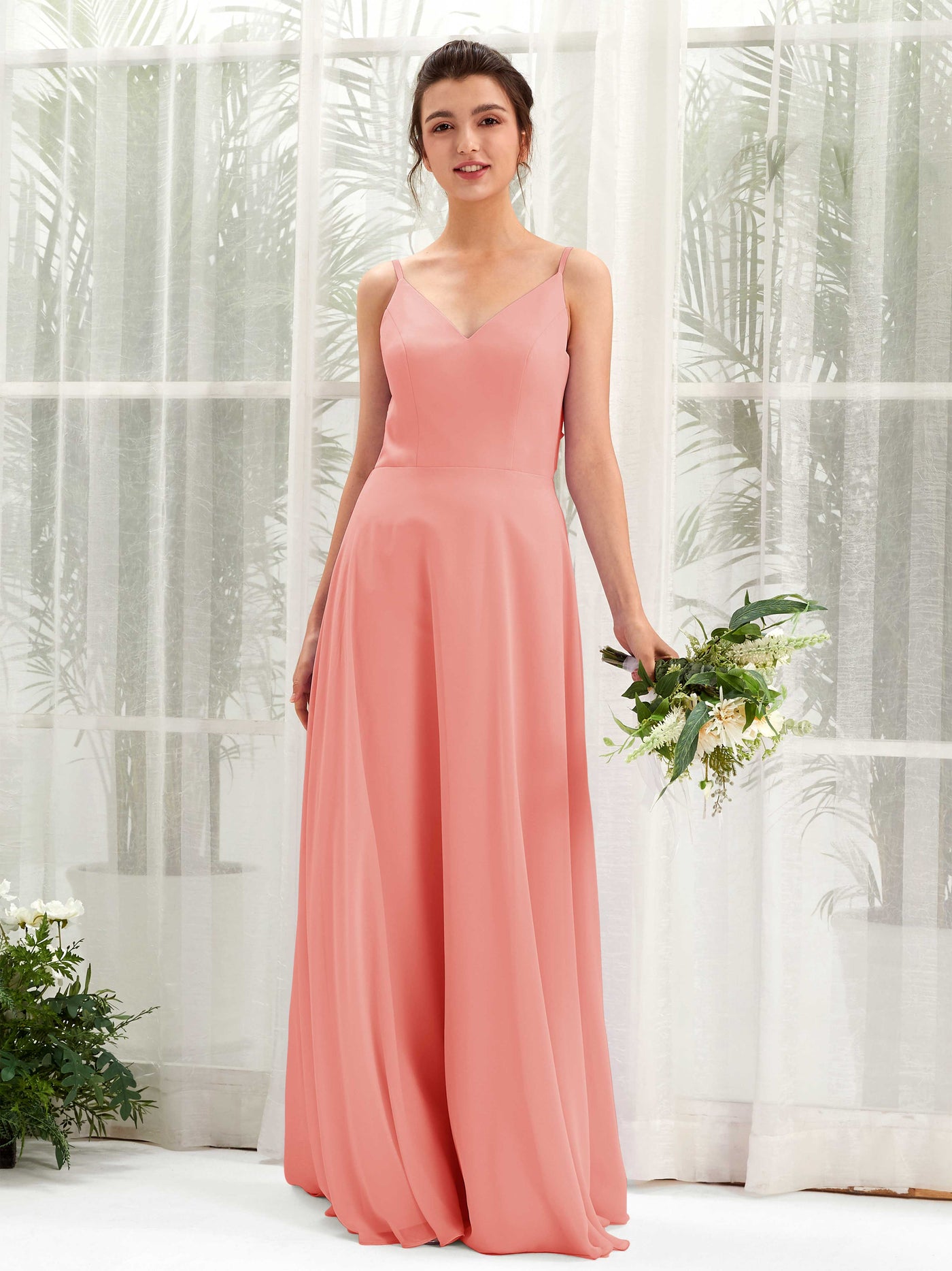 Peach Pink Bridesmaid Dresses Bridesmaid Dress A-line Chiffon Spaghetti-straps Full Length Sleeveless Wedding Party Dress (81220629)#color_peach-pink