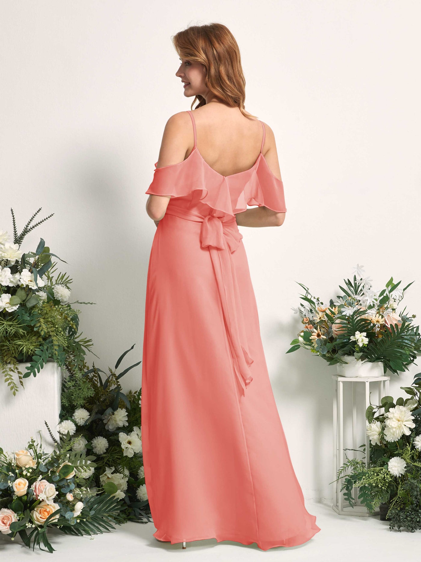 Bridesmaid Dress A-line Chiffon Spaghetti-straps Full Length Sleeveless Wedding Party Dress - Peach Pink (81227429)#color_peach-pink