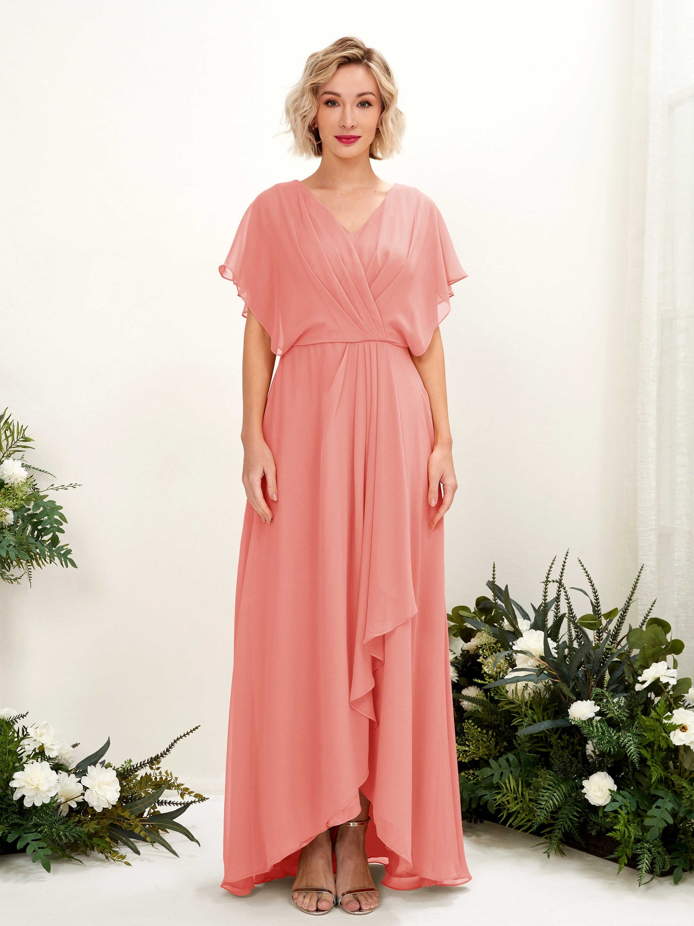 Peach Pink Bridesmaid Dresses Bridesmaid Dress A-line Chiffon V-neck Full Length Short Sleeves Wedding Party Dress (81222129)#color_peach-pink