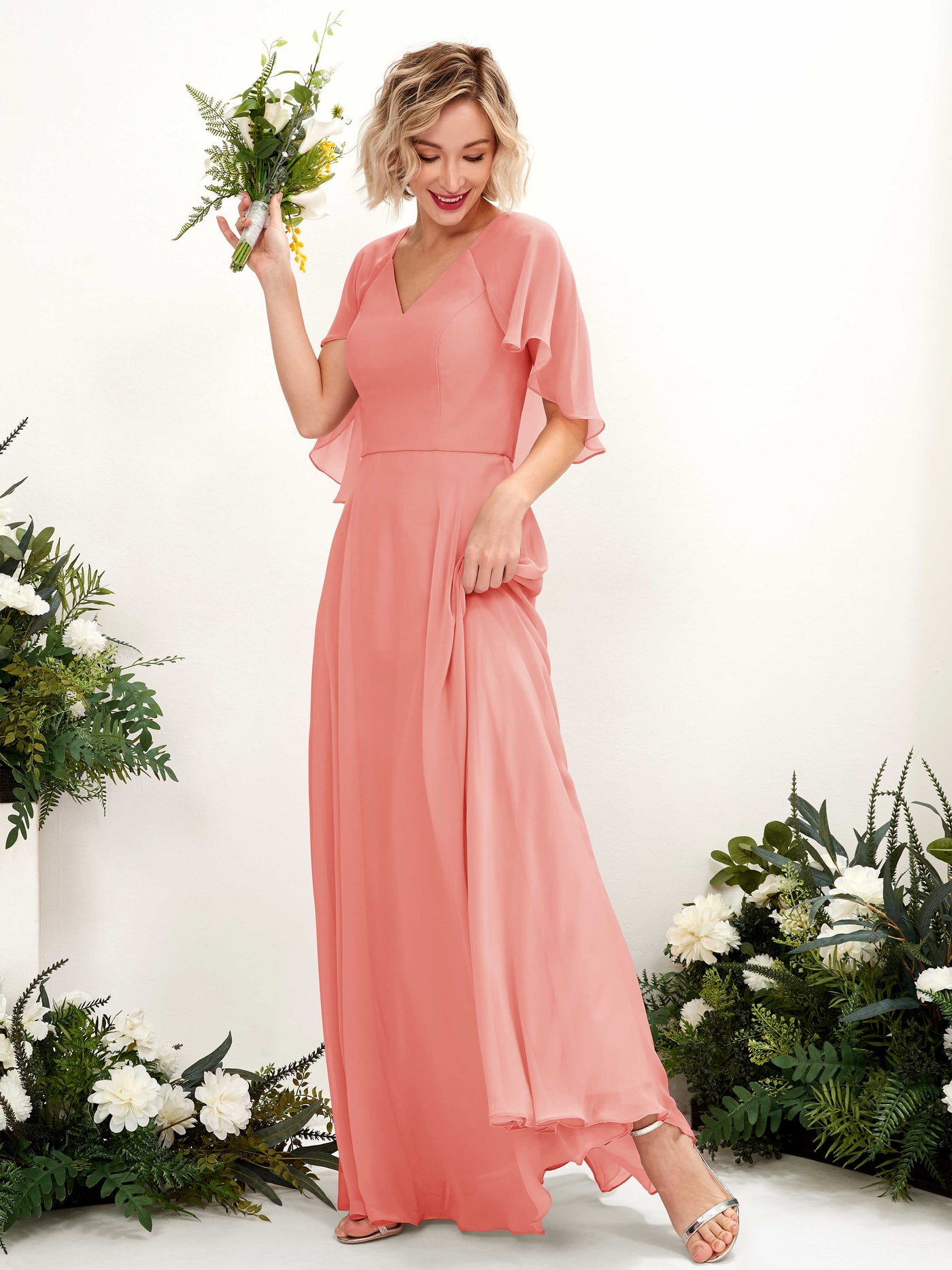 Peach Pink Bridesmaid Dresses Bridesmaid Dress A-line Chiffon V-neck Full Length Short Sleeves Wedding Party Dress (81224429)#color_peach-pink
