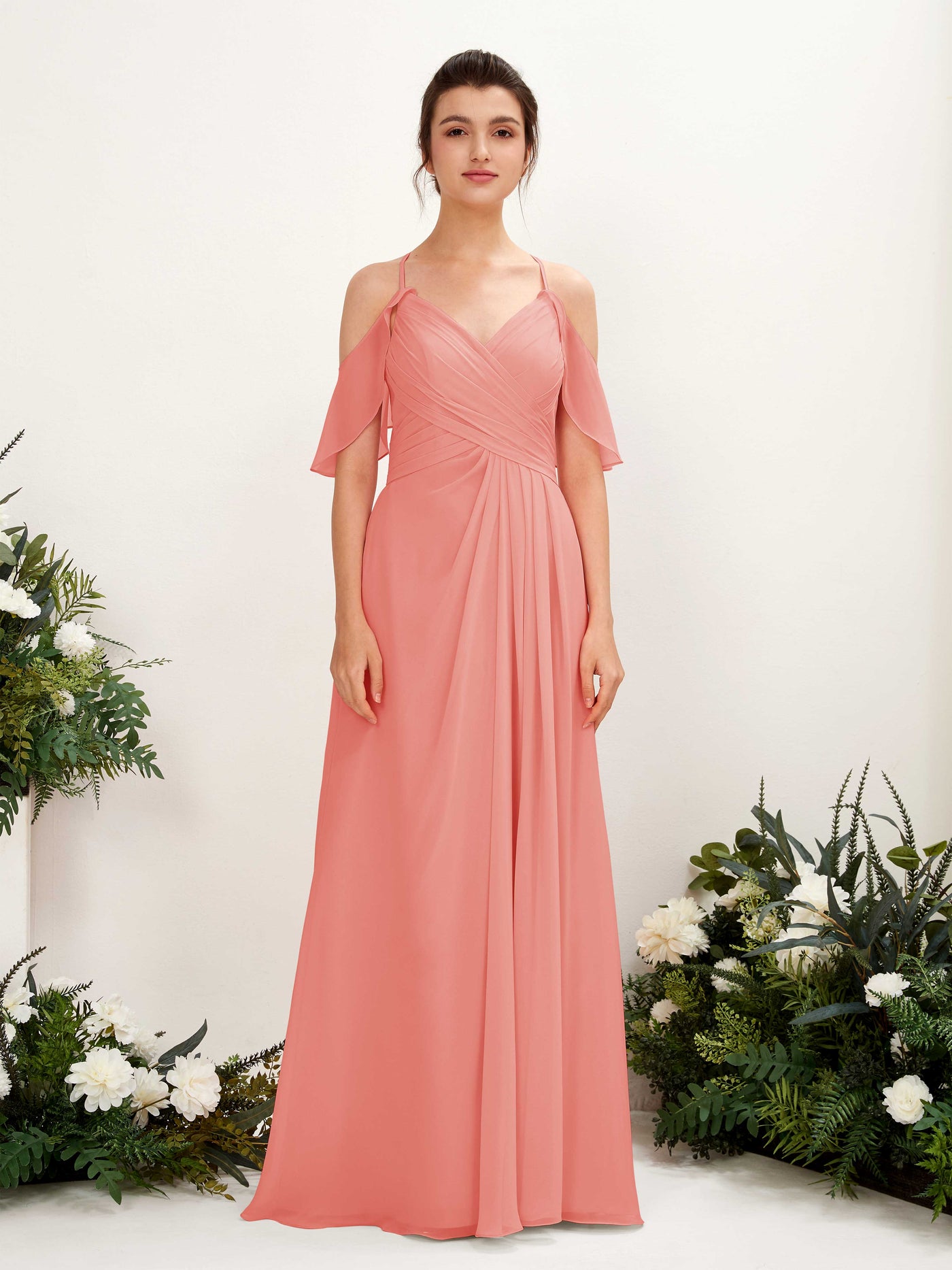 Ball Gown Off Shoulder Spaghetti-straps Chiffon Bridesmaid Dress - Peach Pink (81221729)#color_peach-pink