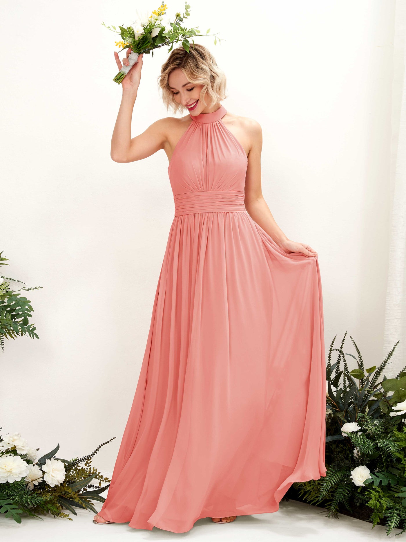 Peach Pink Bridesmaid Dresses Bridesmaid Dress A-line Chiffon Halter Full Length Sleeveless Wedding Party Dress (81225329)#color_peach-pink