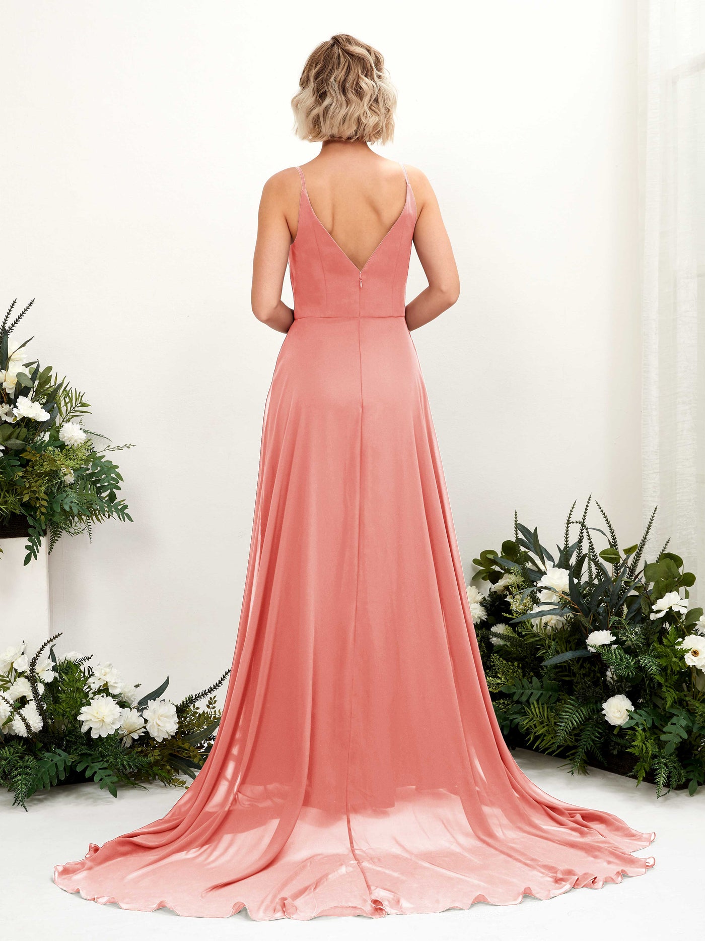 Peach Pink Bridesmaid Dresses Bridesmaid Dress A-line Chiffon V-neck Full Length Sleeveless Wedding Party Dress (81224129)#color_peach-pink