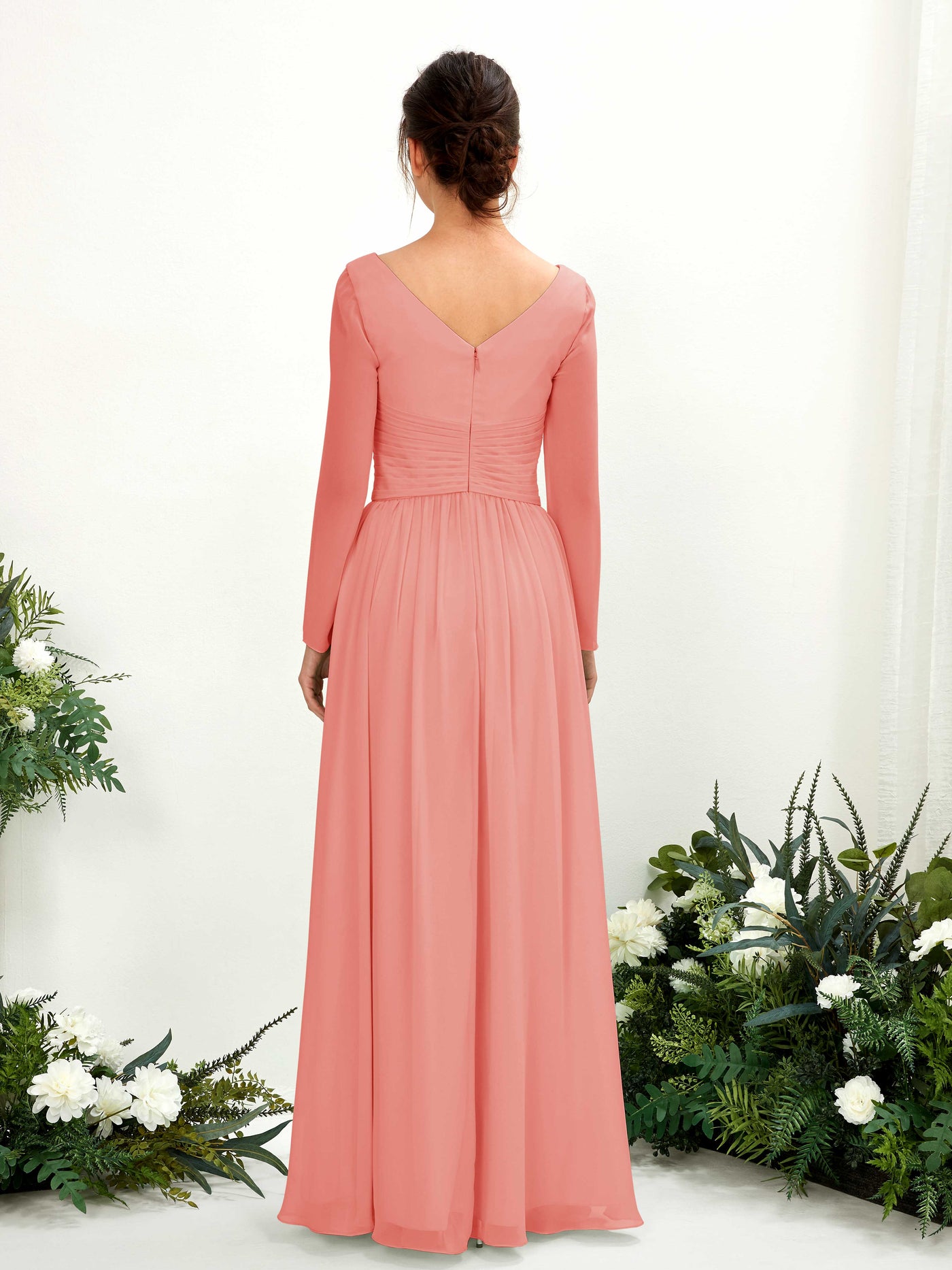 Peach Pink Bridesmaid Dresses Bridesmaid Dress A-line Chiffon V-neck Full Length Long Sleeves Wedding Party Dress (81220329)#color_peach-pink