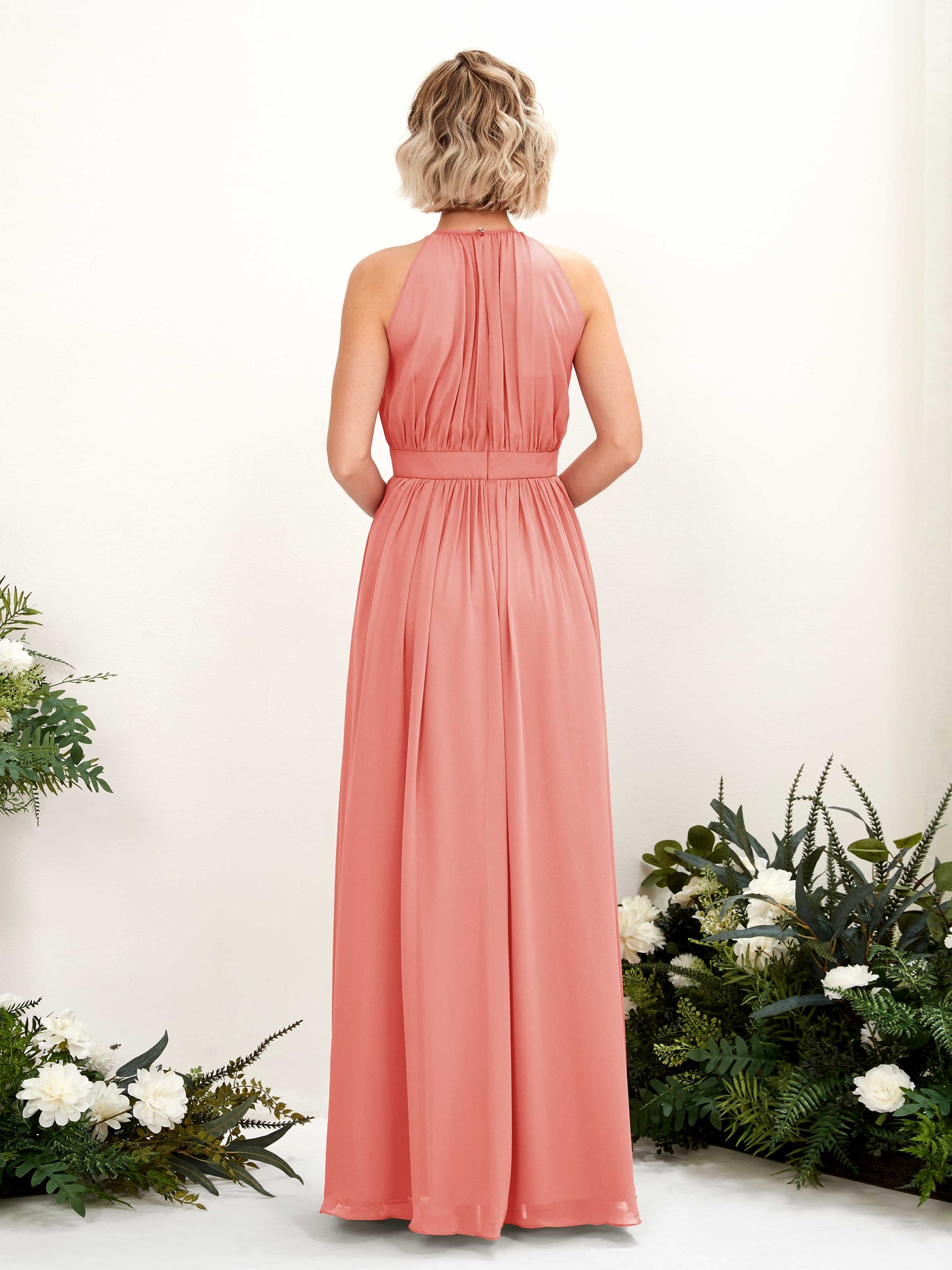 Peach Pink Bridesmaid Dresses Bridesmaid Dress A-line Chiffon Halter Full Length Sleeveless Wedding Party Dress (81223129)#color_peach-pink