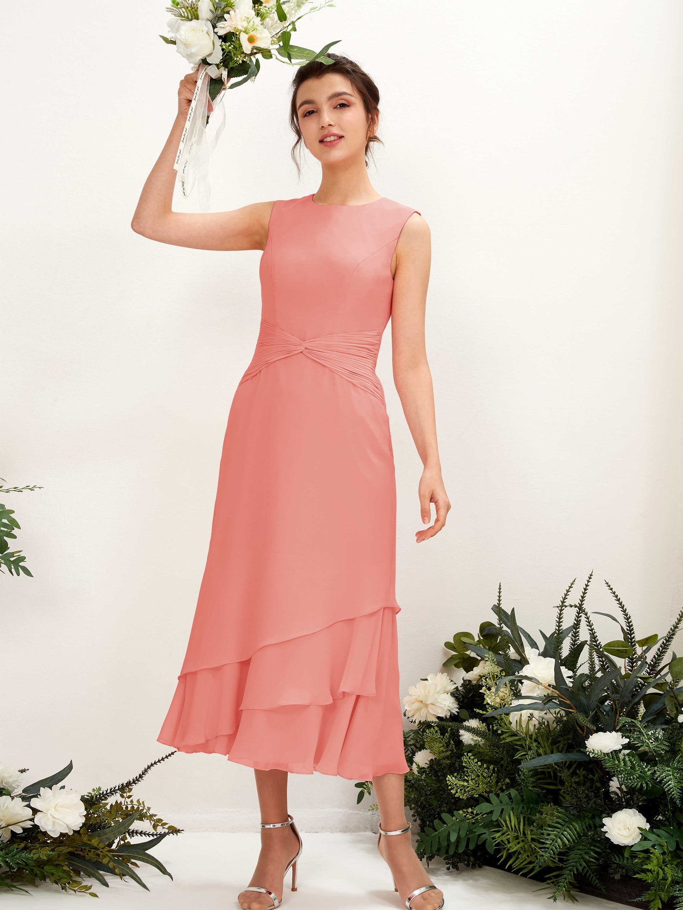 Peach Pink Bridesmaid Dresses Bridesmaid Dress Mermaid/Trumpet Chiffon Round Tea Length Sleeveless Wedding Party Dress (81221929)#color_peach-pink