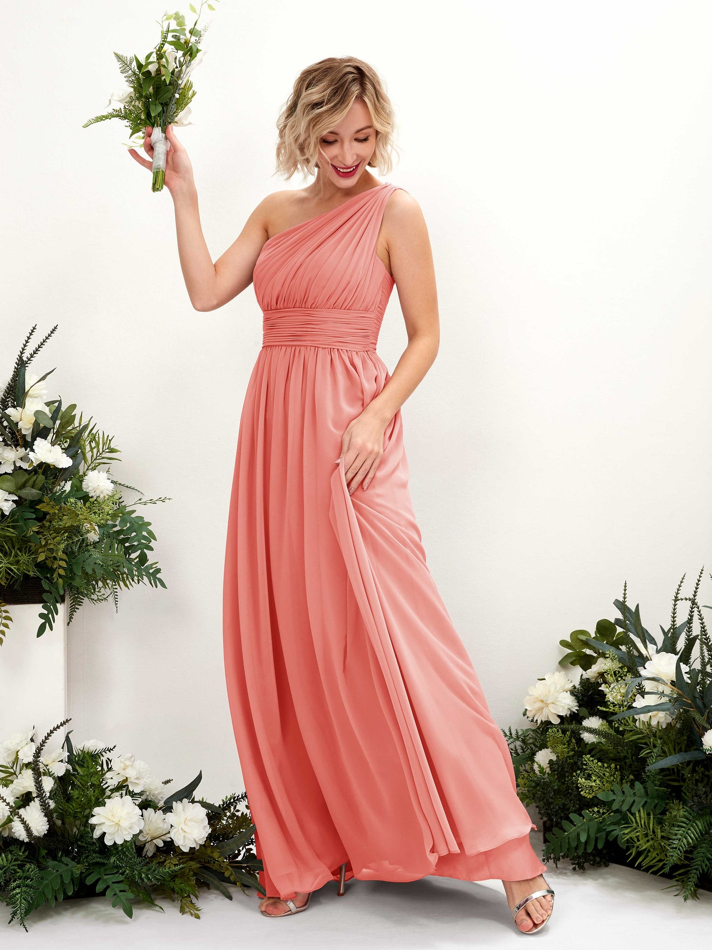 Peach Pink Bridesmaid Dresses Bridesmaid Dress Ball Gown Chiffon One Shoulder Full Length Sleeveless Wedding Party Dress (81225029)#color_peach-pink