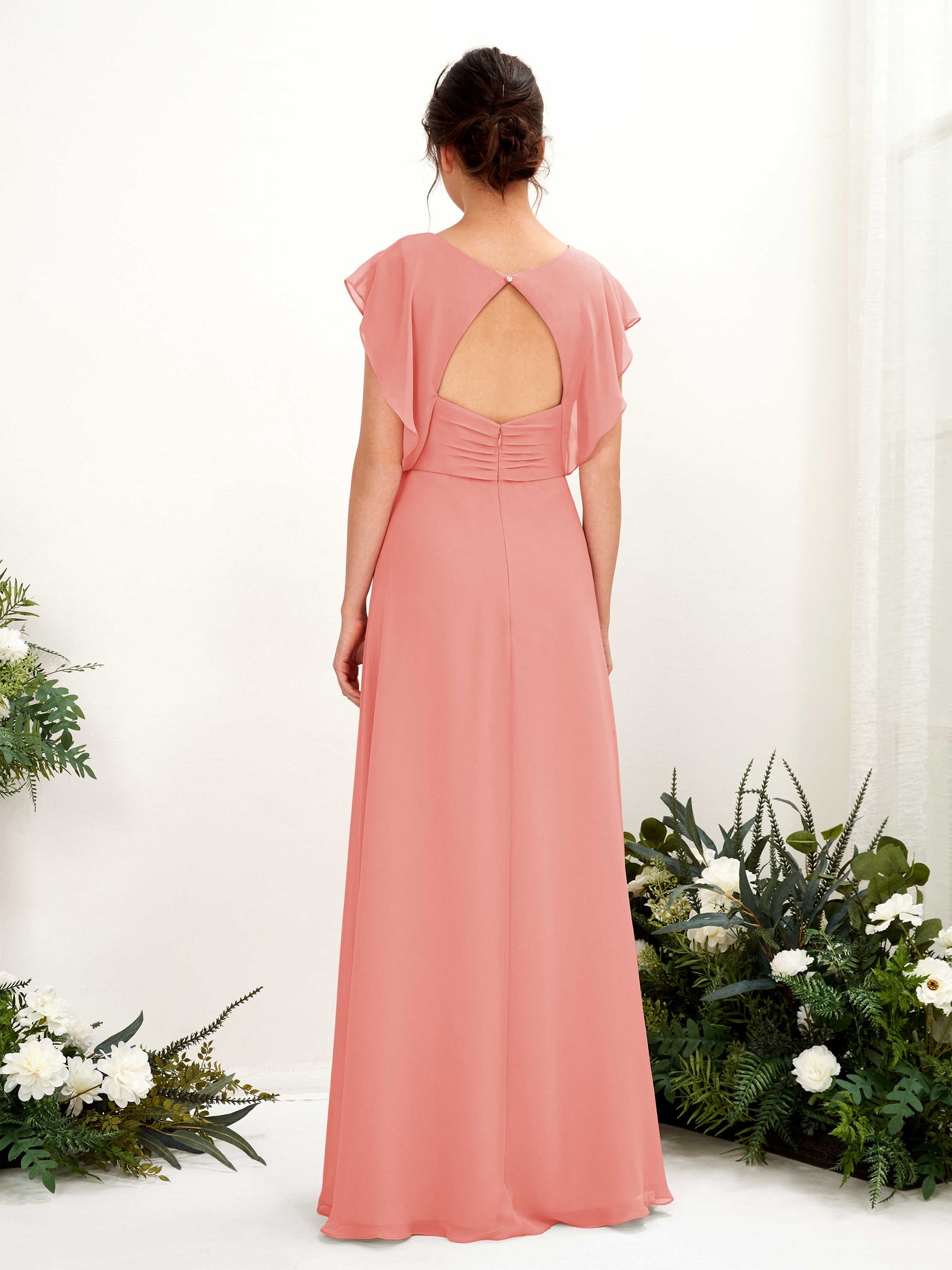 Peach Pink Bridesmaid Dresses Bridesmaid Dress A-line Chiffon V-neck Full Length Short Sleeves Wedding Party Dress (81225629)#color_peach-pink