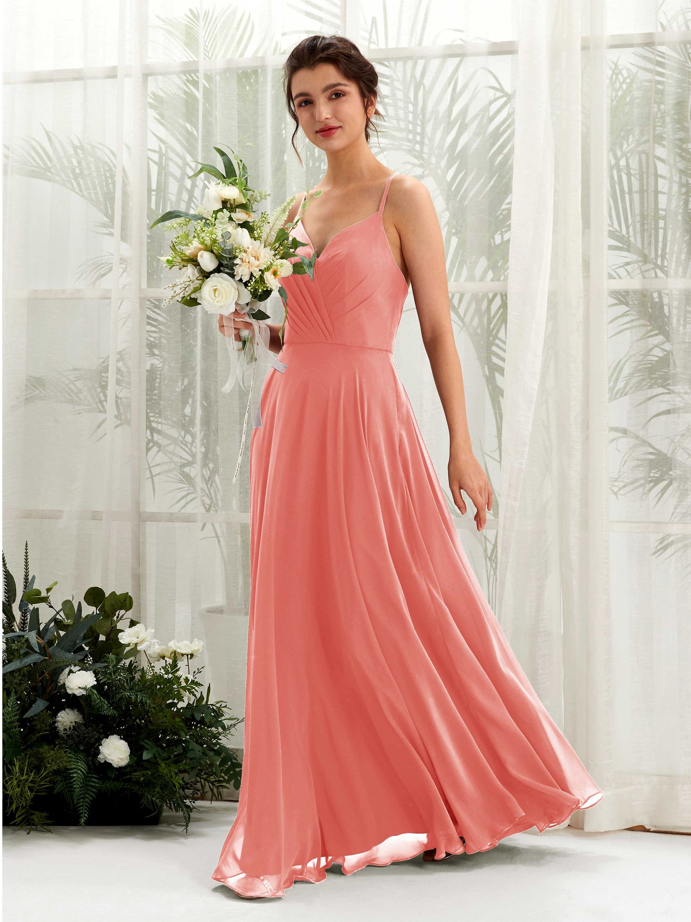 Peach Pink Bridesmaid Dresses Bridesmaid Dress Chiffon Spaghetti-straps Full Length Sleeveless Wedding Party Dress (81224229)#color_peach-pink