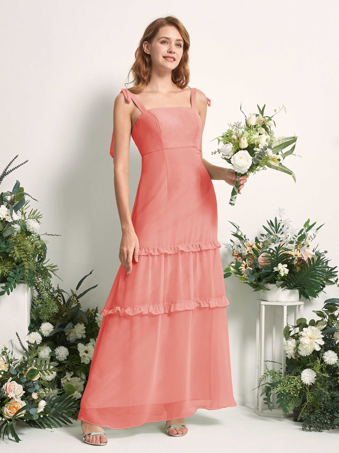 Bridesmaid Dress Chiffon Straps Full Length Sleeveless Wedding Party Dress - Peach Pink (81227529)#color_peach-pink