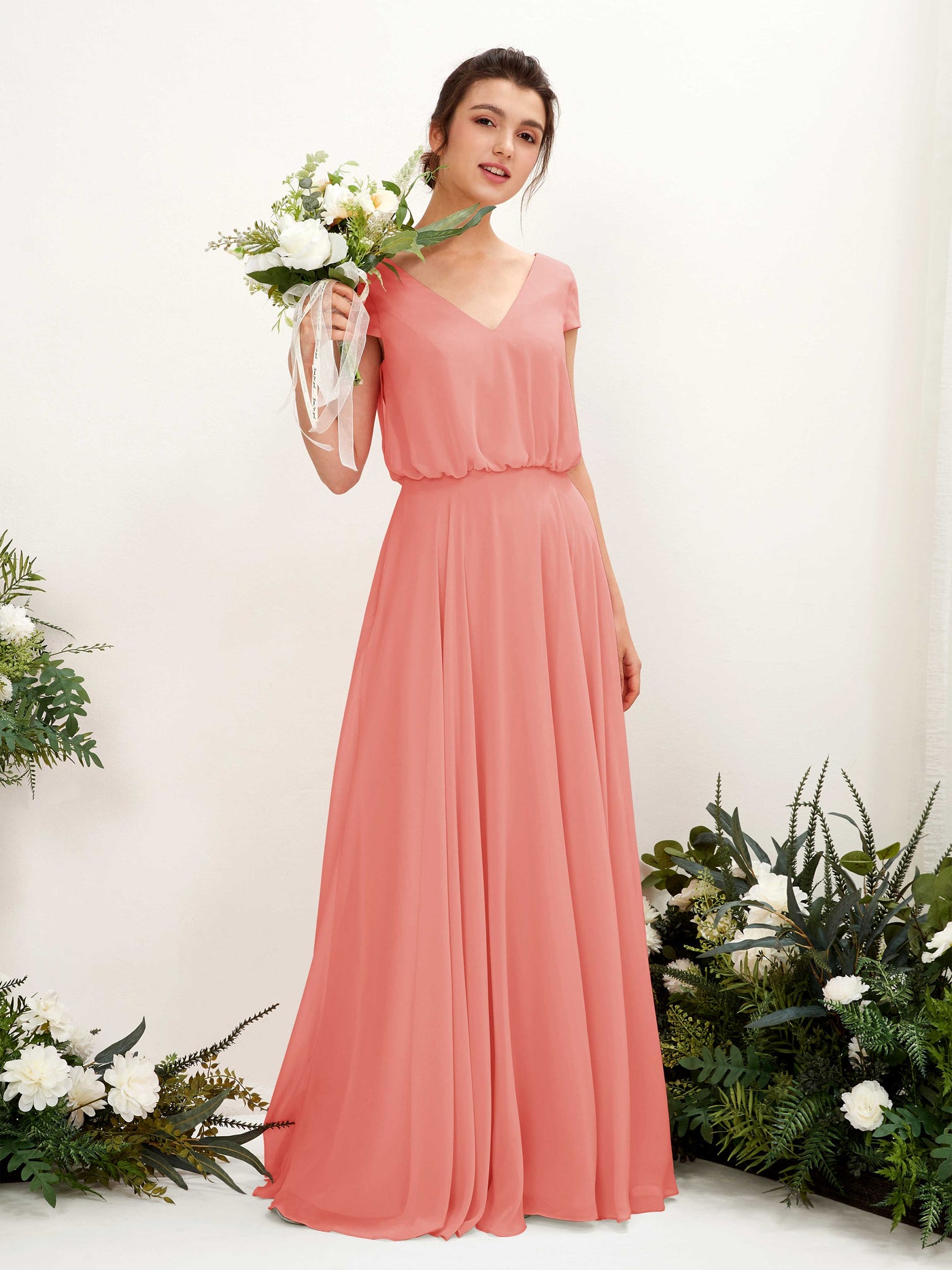 Peach Pink Bridesmaid Dresses Bridesmaid Dress A-line Chiffon V-neck Full Length Short Sleeves Wedding Party Dress (81221829)#color_peach-pink