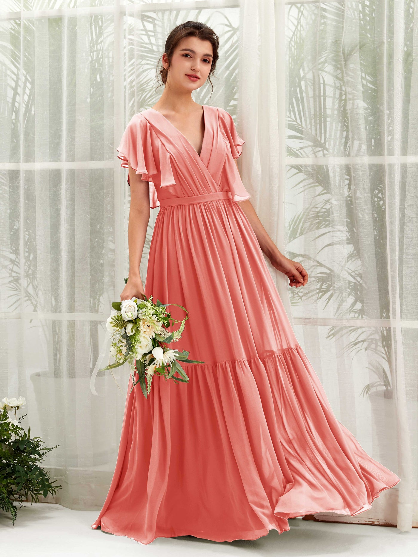 Peach Pink Bridesmaid Dresses Bridesmaid Dress A-line Chiffon V-neck Full Length Short Sleeves Wedding Party Dress (81225929)#color_peach-pink