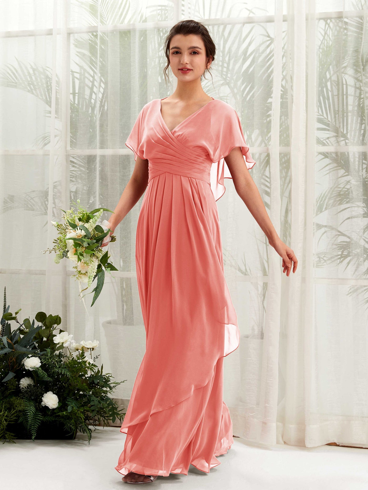 Open back V-neck Short Sleeves Chiffon Bridesmaid Dress - Peach Pink (81226129)#color_peach-pink