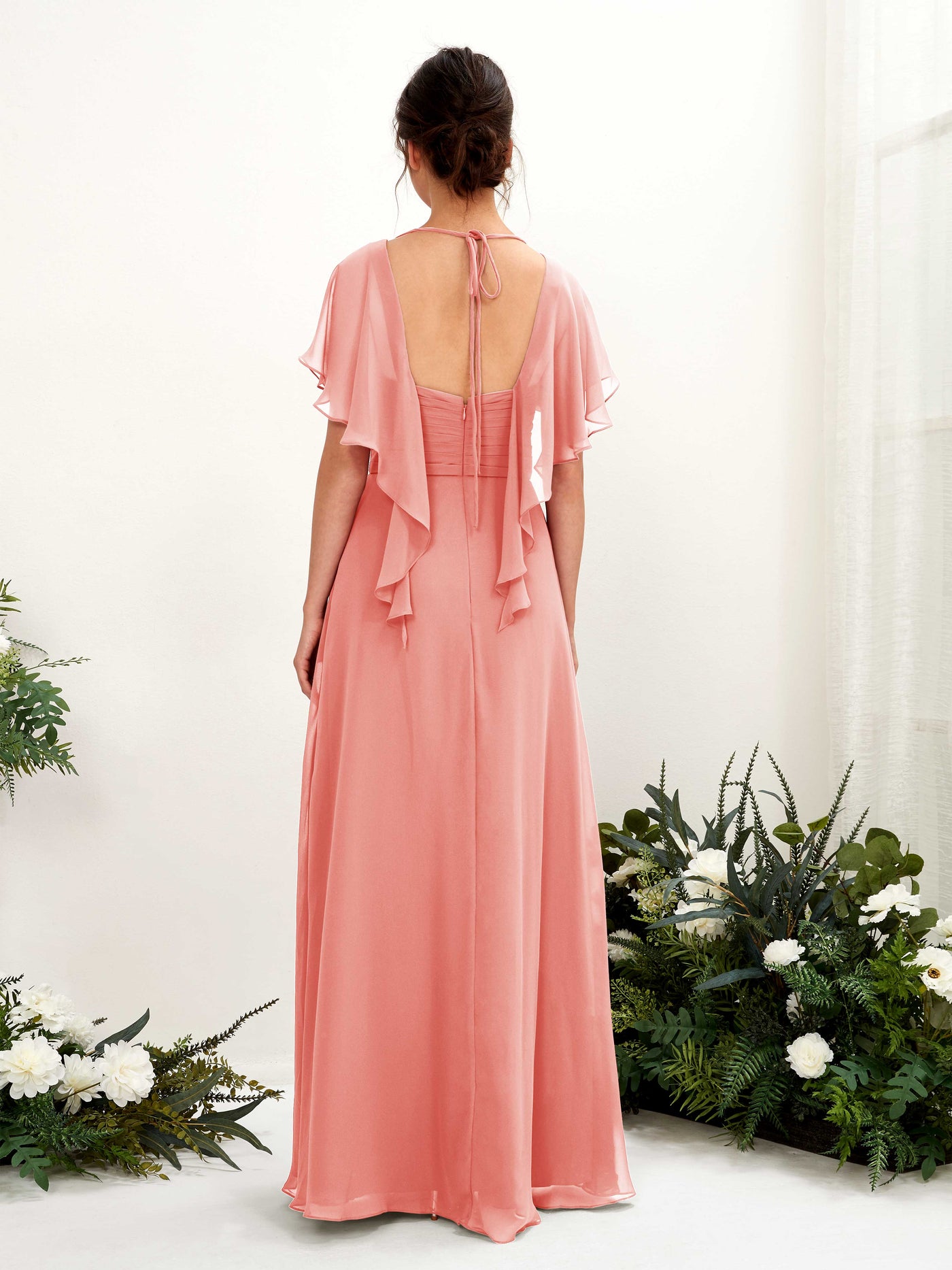 Open back V-neck Short Sleeves Chiffon Bridesmaid Dress - Peach Pink (81226129)#color_peach-pink