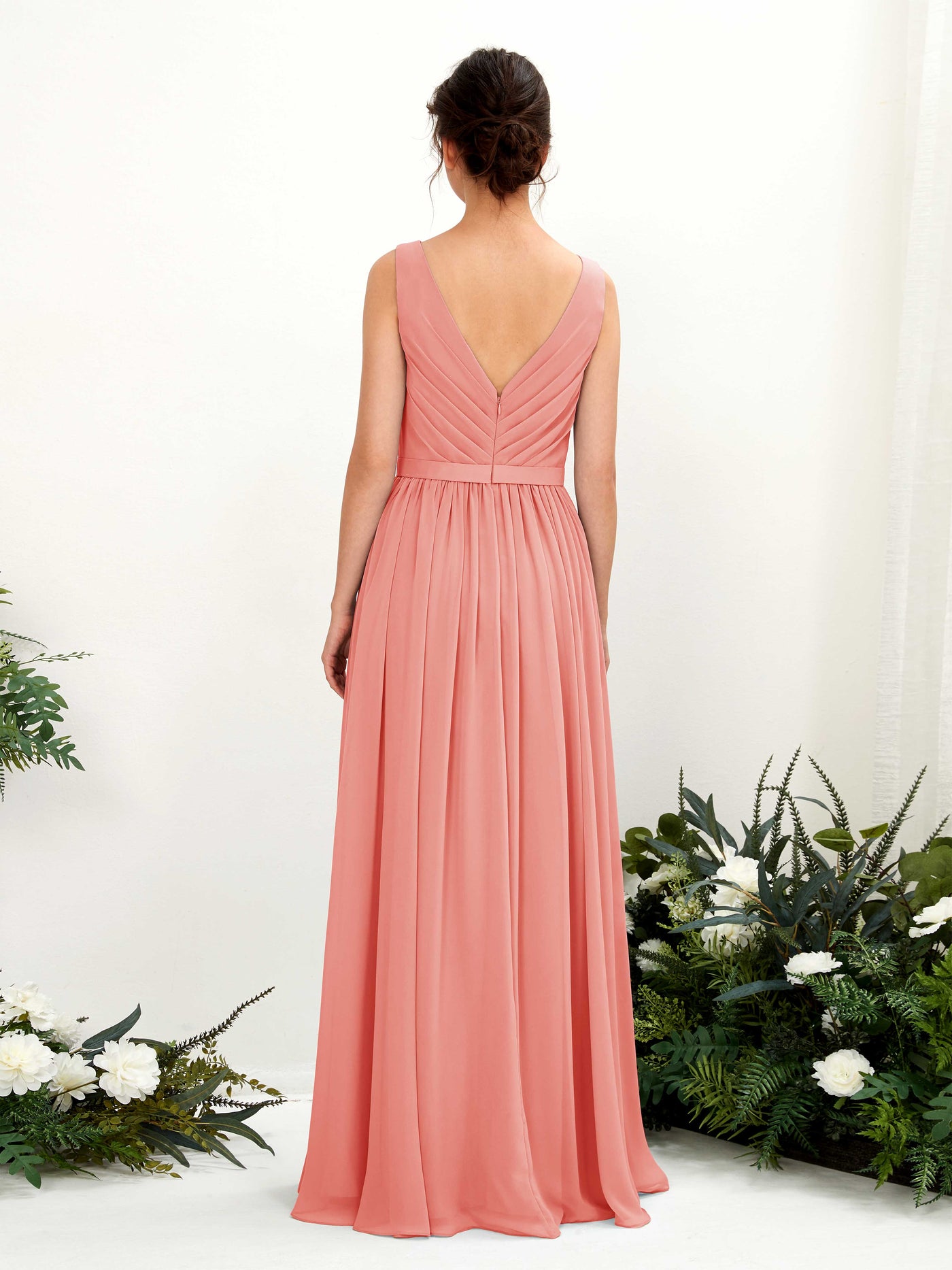 Peach Pink Bridesmaid Dresses Bridesmaid Dress A-line Chiffon V-neck Full Length Sleeveless Wedding Party Dress (81223629)#color_peach-pink