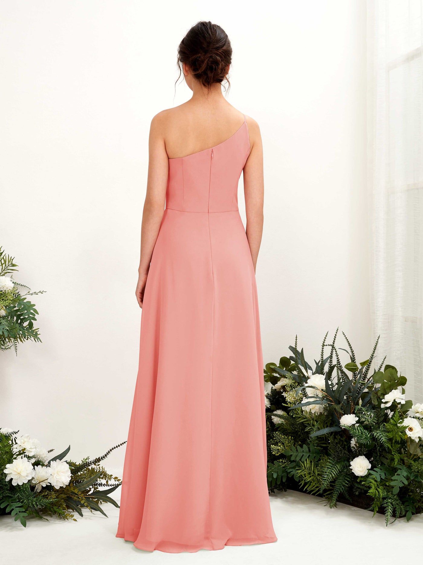 Peach Pink Bridesmaid Dresses Bridesmaid Dress A-line Chiffon One Shoulder Full Length Sleeveless Wedding Party Dress (81225729)#color_peach-pink