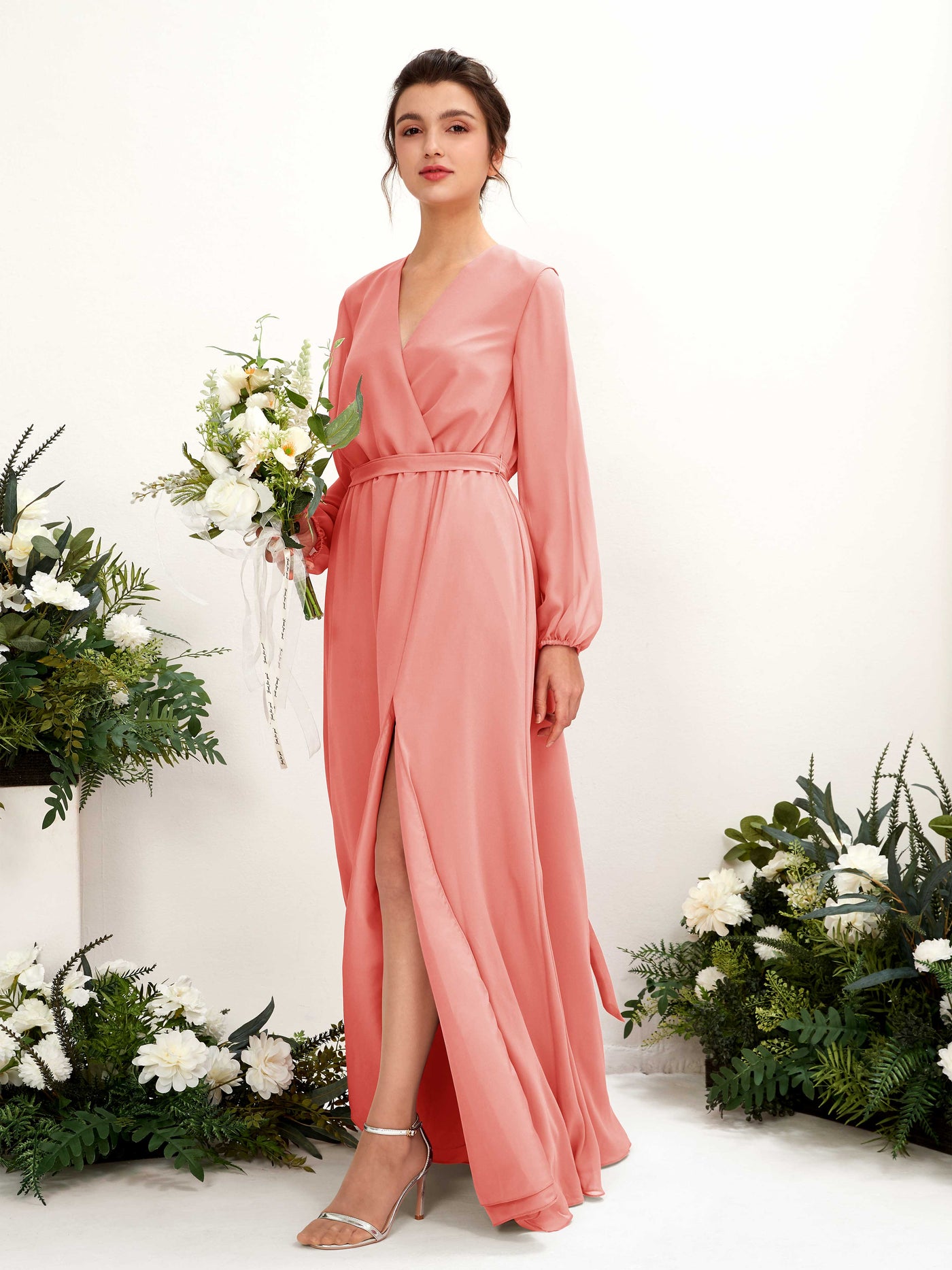 Peach Pink Bridesmaid Dresses Bridesmaid Dress A-line Chiffon V-neck Full Length Long Sleeves Wedding Party Dress (81223229)#color_peach-pink