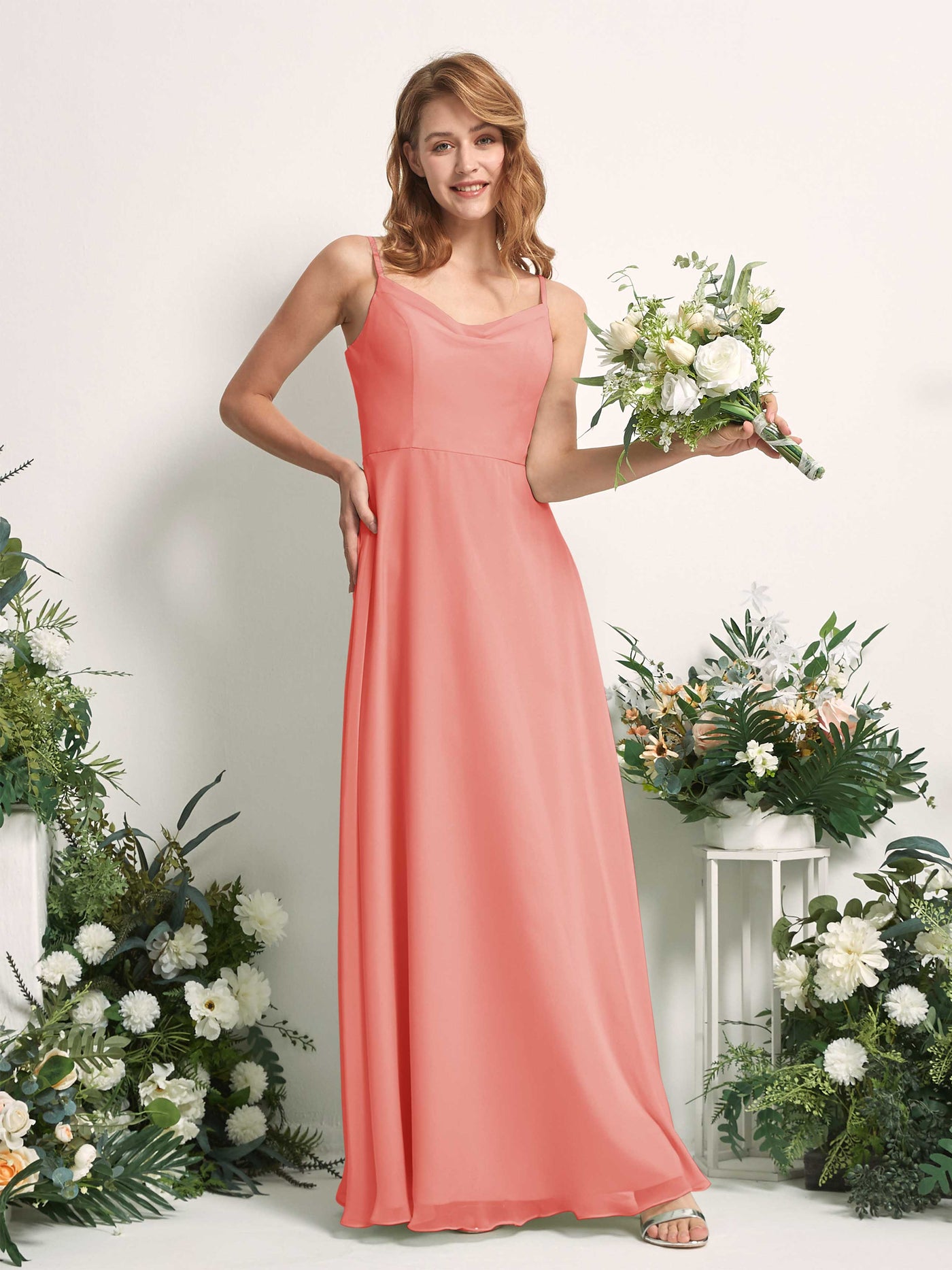 Bridesmaid Dress A-line Chiffon Spaghetti-straps Full Length Sleeveless Wedding Party Dress - Peach Pink (81227229)#color_peach-pink