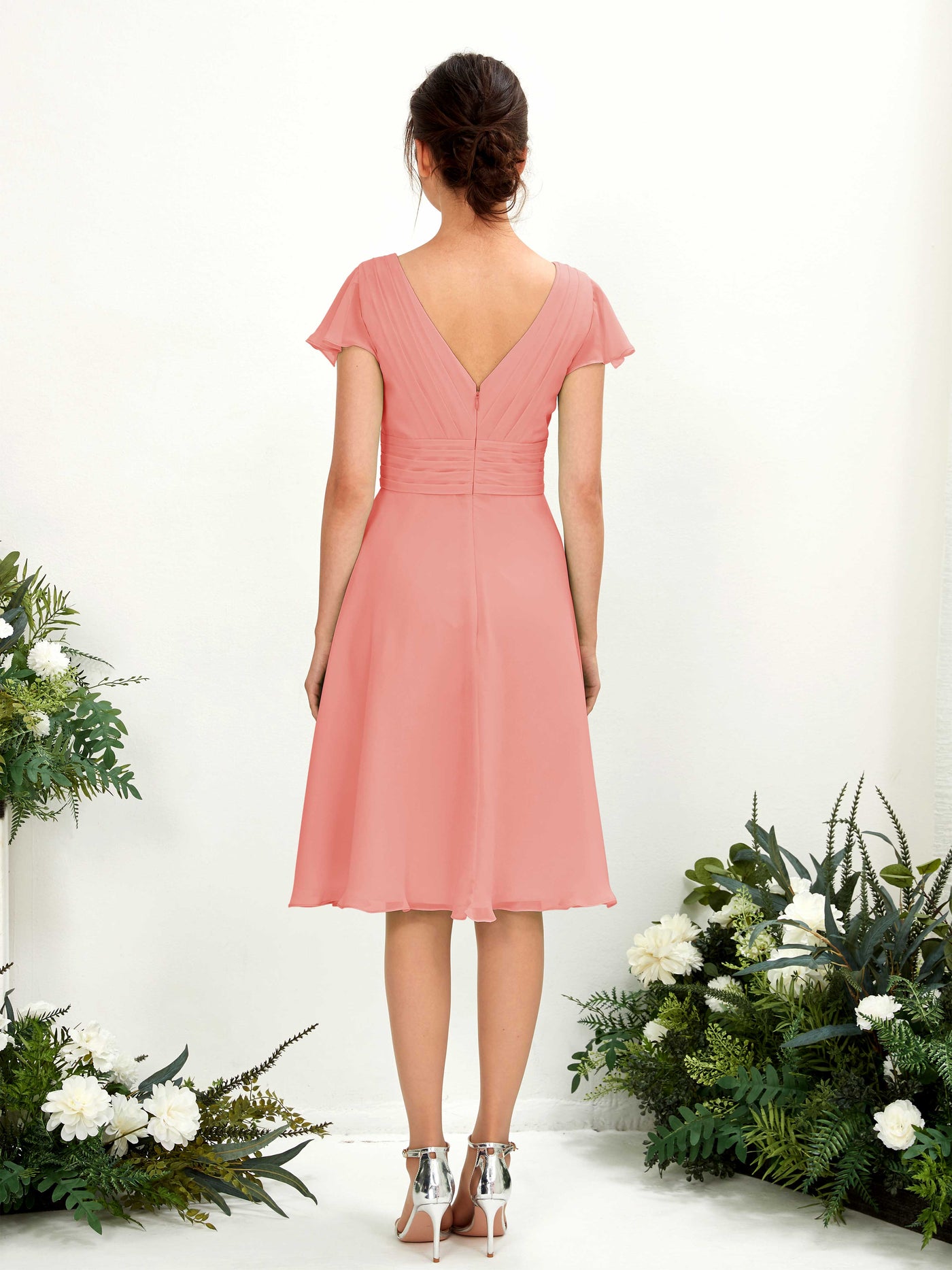 Peach Pink Bridesmaid Dresses Bridesmaid Dress Chiffon V-neck Knee Length Short Sleeves Wedding Party Dress (81220229)#color_peach-pink