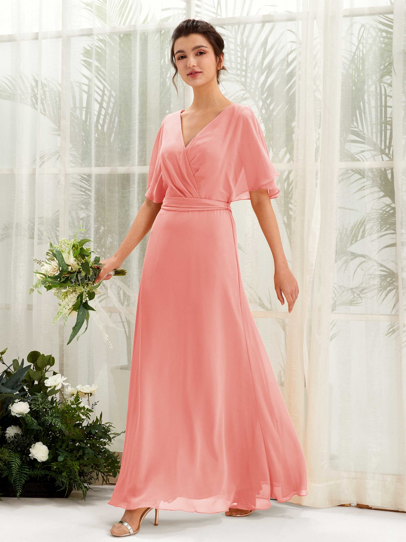 Peach Pink Bridesmaid Dresses Bridesmaid Dress A-line Chiffon V-neck Full Length Short Sleeves Wedding Party Dress (81222429)#color_peach-pink