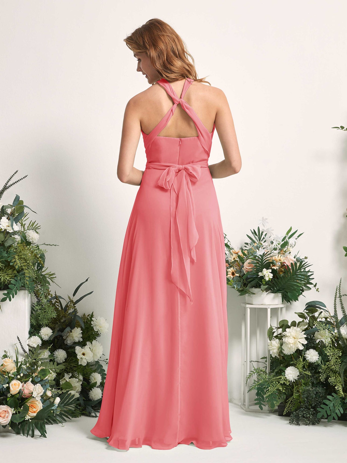 Coral Pink Bridesmaid Dresses Bridesmaid Dress A-line Chiffon Halter Full Length Short Sleeves Wedding Party Dress (81226330)#color_coral-pink