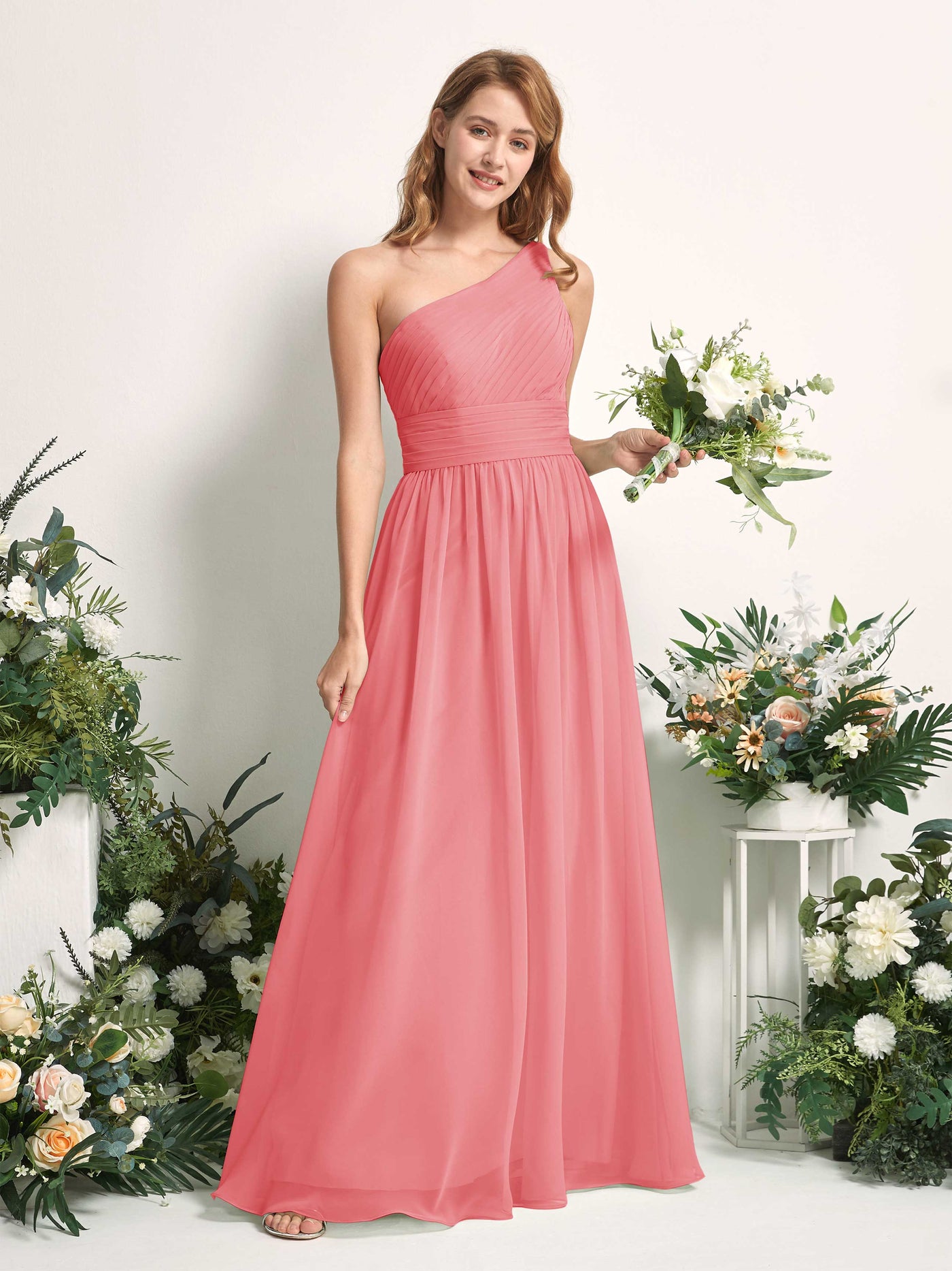Bridesmaid Dress A-line Chiffon One Shoulder Full Length Sleeveless Wedding Party Dress - Coral Pink (81226730)#color_coral-pink
