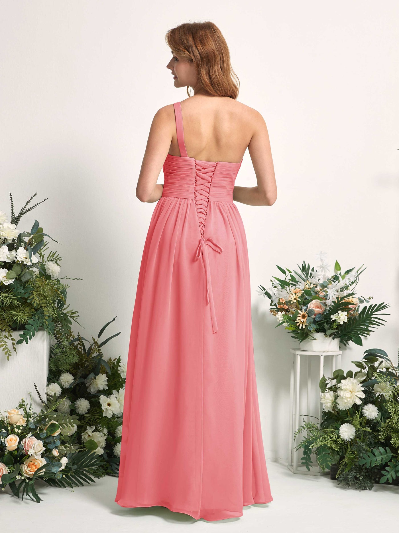 Bridesmaid Dress A-line Chiffon One Shoulder Full Length Sleeveless Wedding Party Dress - Coral Pink (81226730)#color_coral-pink