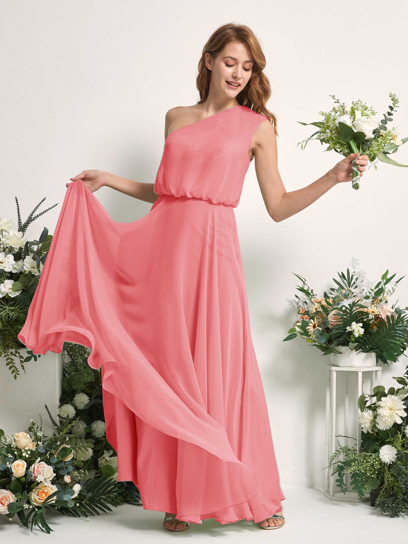 Bridesmaid Dress A-line Chiffon One Shoulder Full Length Sleeveless Wedding Party Dress - Coral Pink (81226830)#color_coral-pink