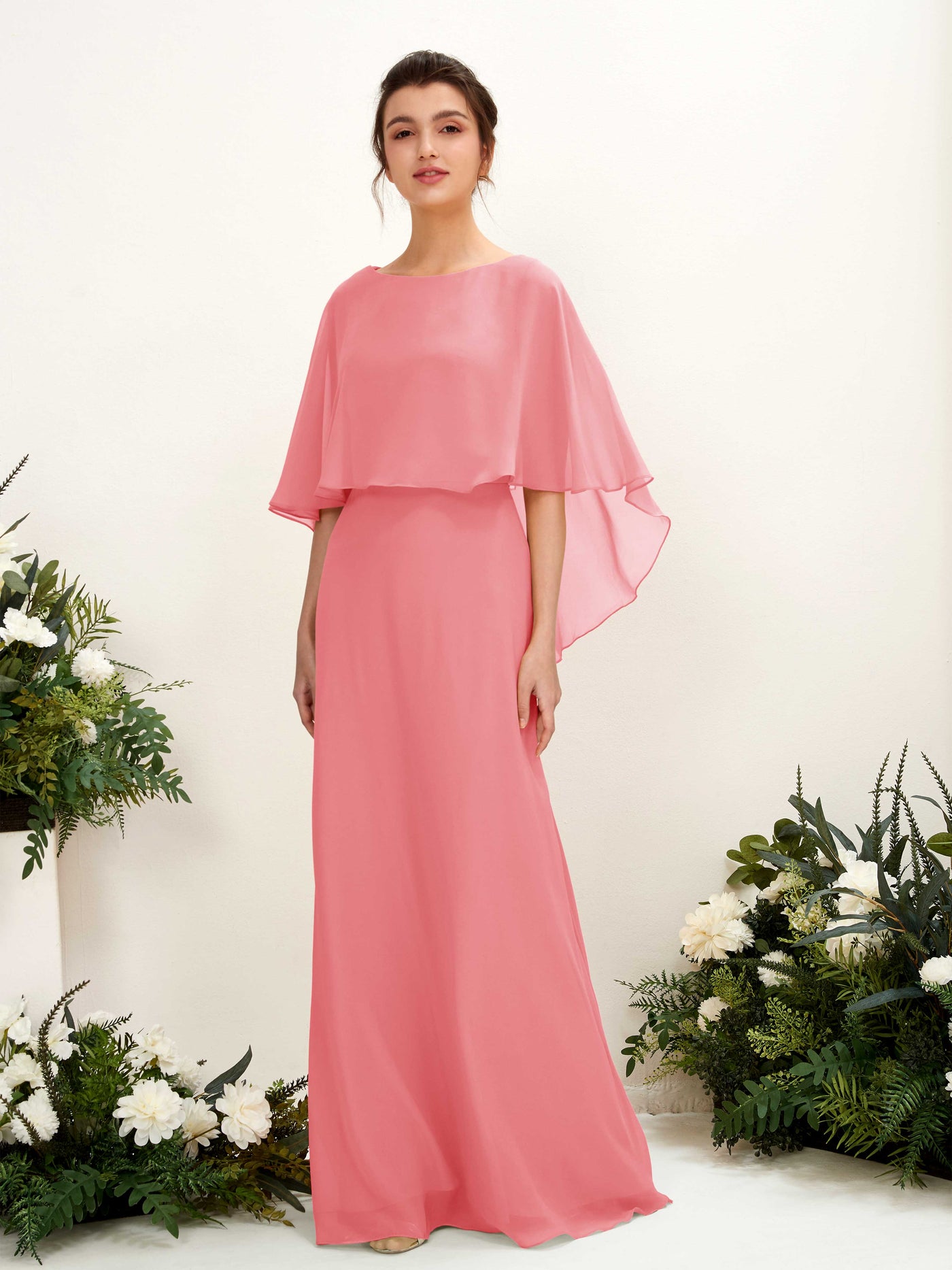 Coral Pink Bridesmaid Dresses Bridesmaid Dress A-line Chiffon Bateau Full Length Sleeveless Wedding Party Dress (81222030)#color_coral-pink