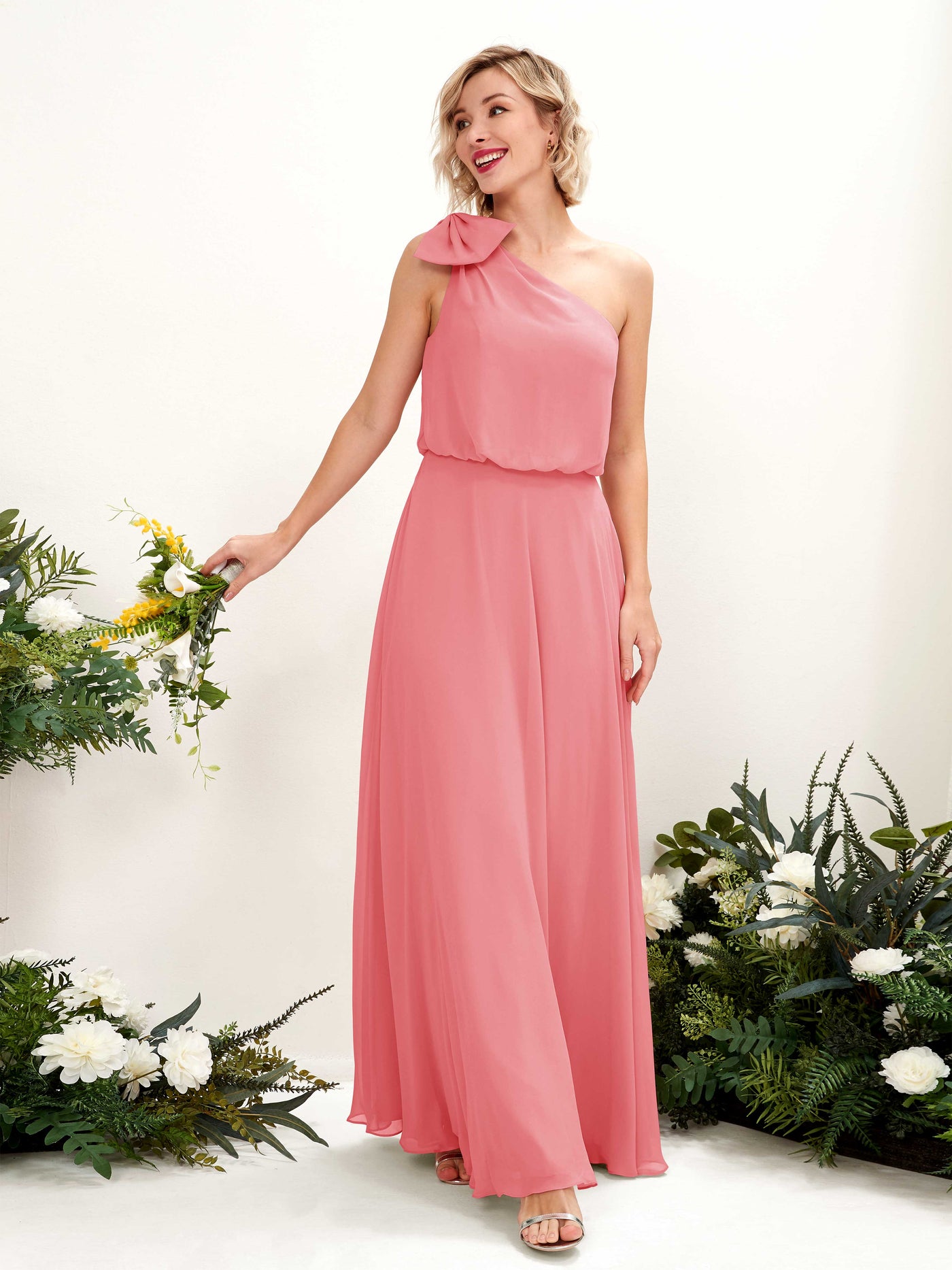 Coral Pink Bridesmaid Dresses Bridesmaid Dress A-line Chiffon One Shoulder Full Length Sleeveless Wedding Party Dress (81225530)#color_coral-pink