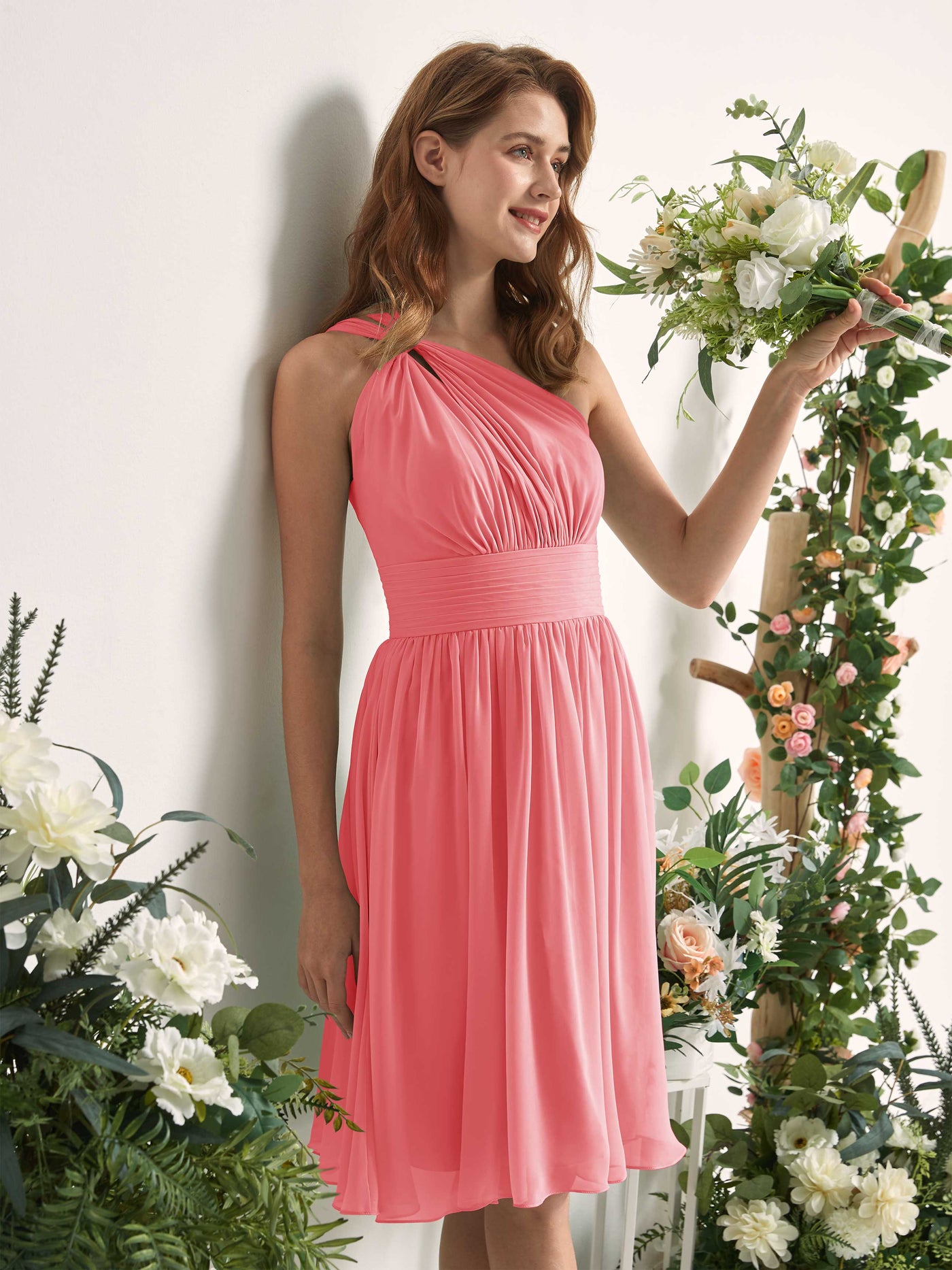 Bridesmaid Dress A-line Chiffon One Shoulder Knee Length Sleeveless Wedding Party Dress - Coral Pink (81221230)#color_coral-pink