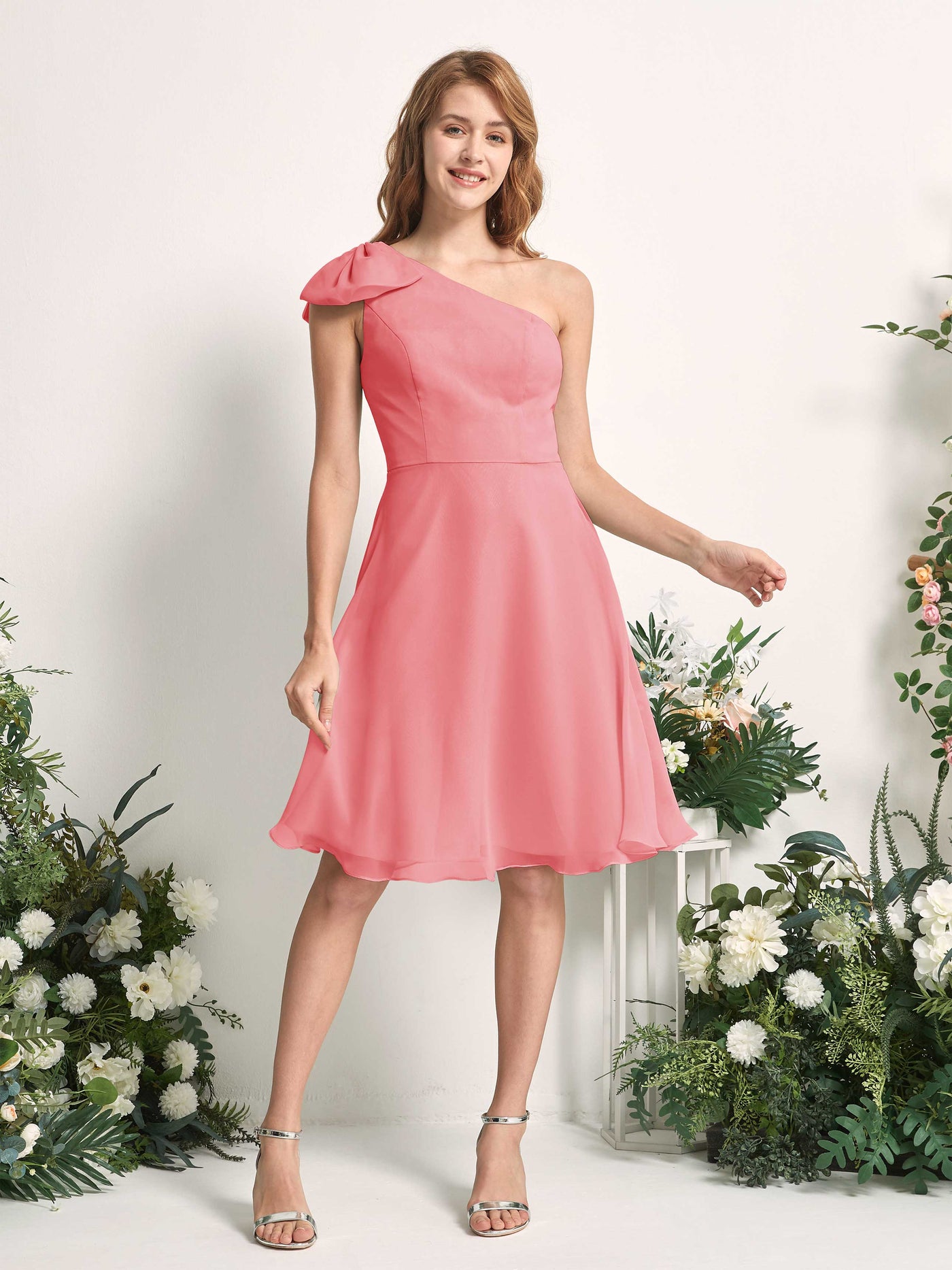 Bridesmaid Dress A-line Chiffon One Shoulder Knee Length Sleeveless Wedding Party Dress - Coral Pink (81227030)#color_coral-pink