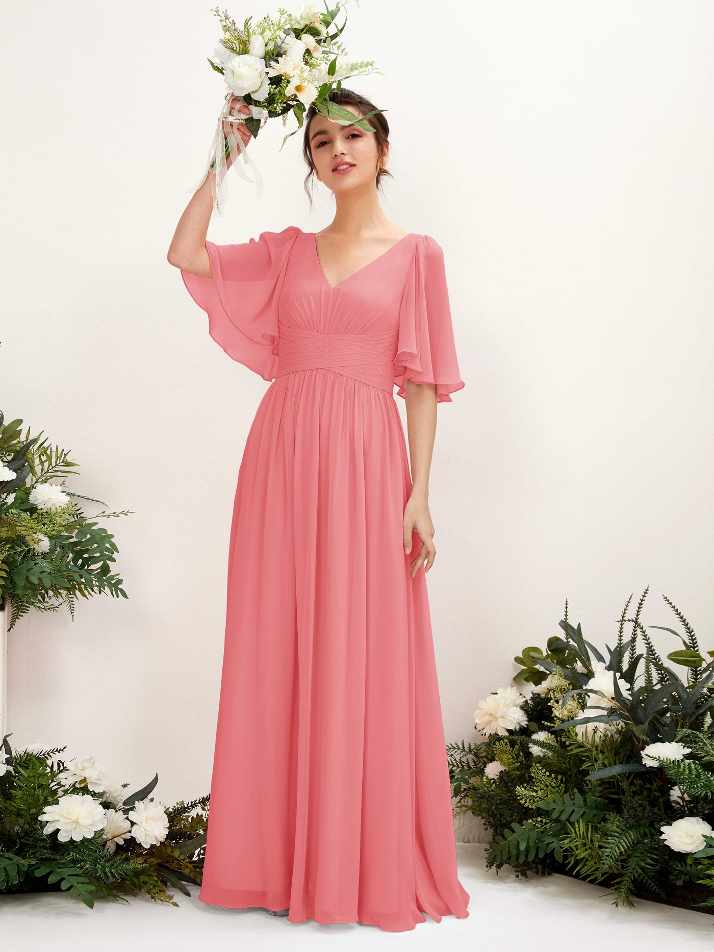 Coral Pink Bridesmaid Dresses Bridesmaid Dress A-line Chiffon V-neck Full Length 1/2 Sleeves Wedding Party Dress (81221630)#color_coral-pink