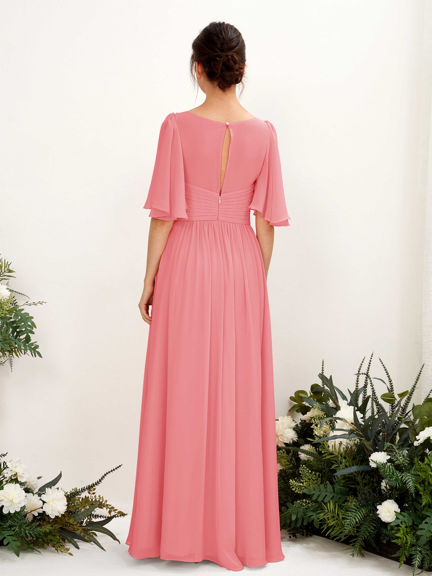 Coral Pink Bridesmaid Dresses Bridesmaid Dress A-line Chiffon V-neck Full Length 1/2 Sleeves Wedding Party Dress (81221630)#color_coral-pink