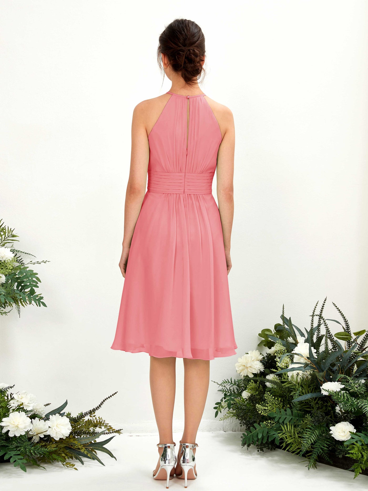 Coral Pink Bridesmaid Dresses Bridesmaid Dress A-line Chiffon Halter Knee Length Sleeveless Wedding Party Dress (81220130)#color_coral-pink