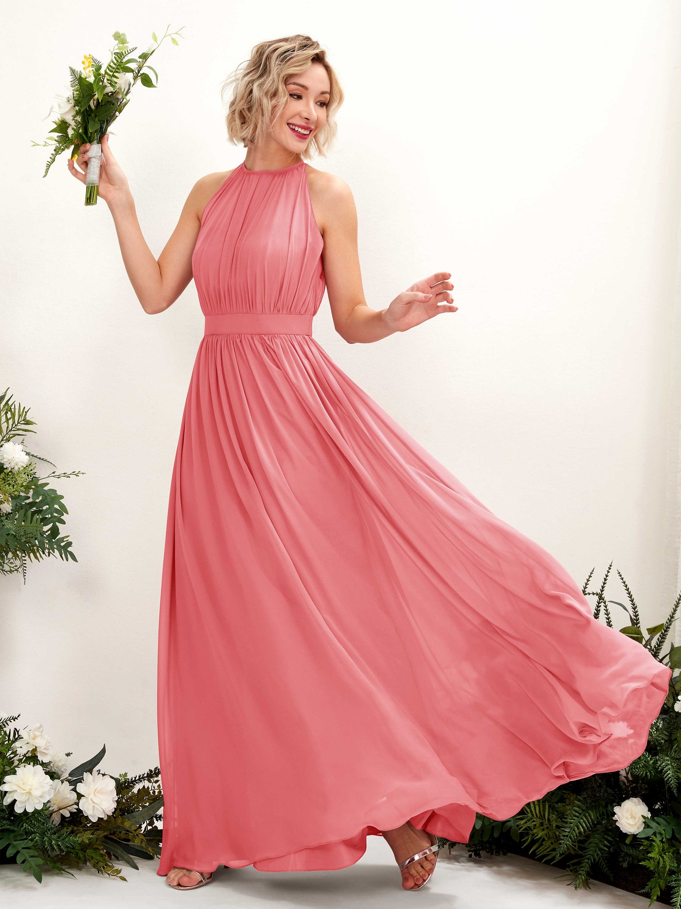 Coral Pink Bridesmaid Dresses Bridesmaid Dress A-line Chiffon Halter Full Length Sleeveless Wedding Party Dress (81223130)#color_coral-pink