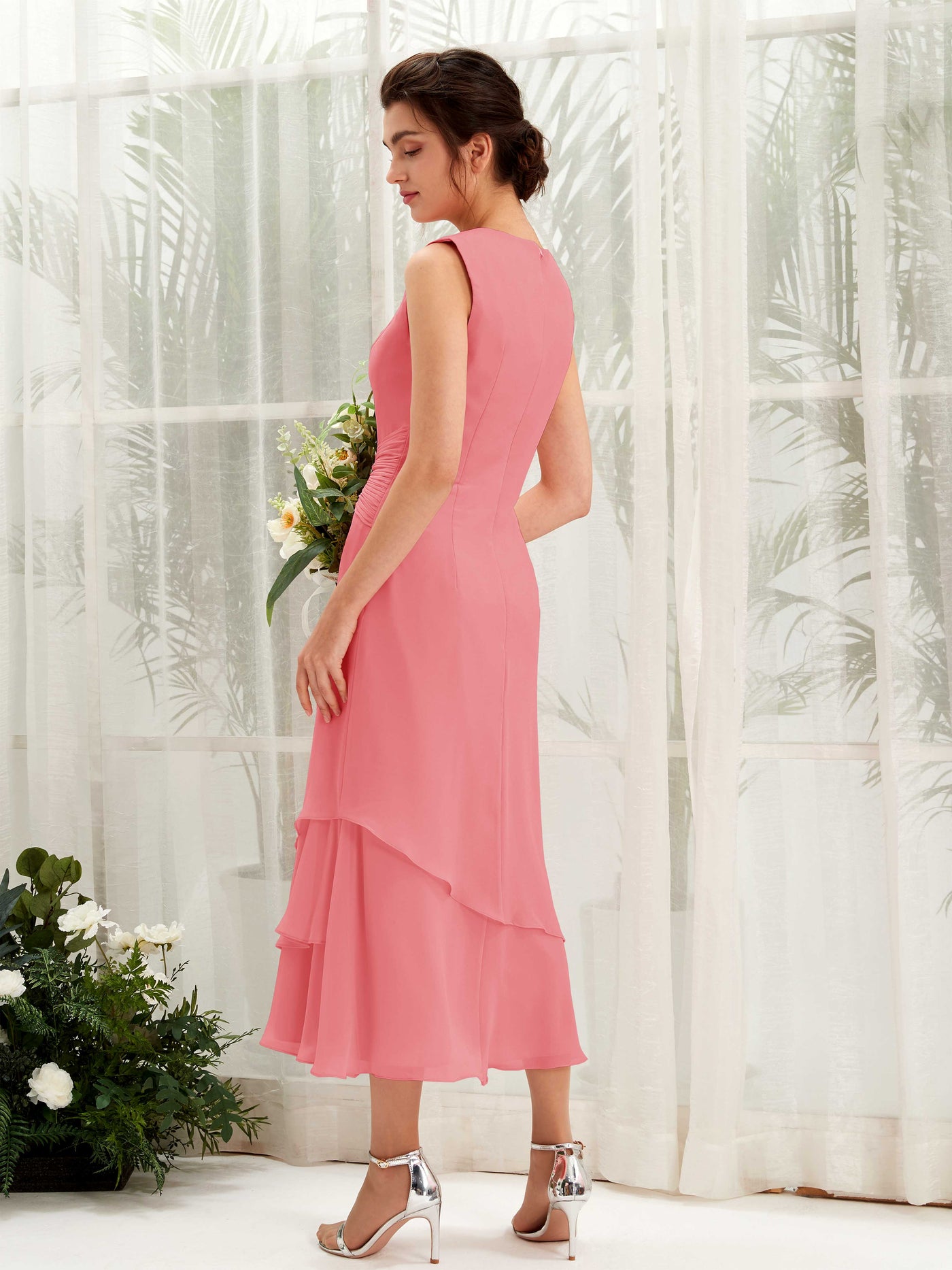 Coral Pink Bridesmaid Dresses Bridesmaid Dress Mermaid/Trumpet Chiffon Round Tea Length Sleeveless Wedding Party Dress (81221930)#color_coral-pink