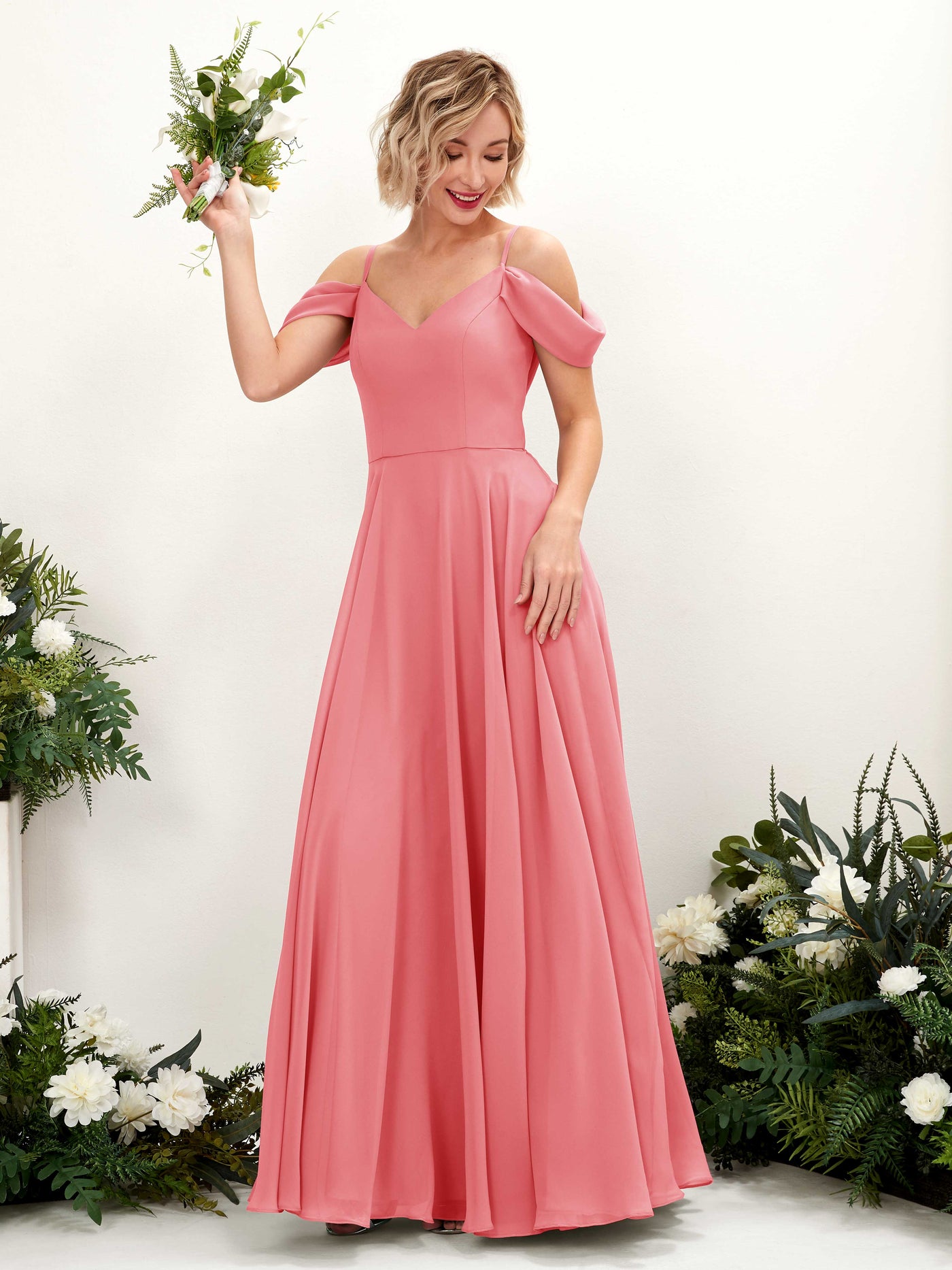 Coral Pink Bridesmaid Dresses Bridesmaid Dress A-line Chiffon Off Shoulder Full Length Sleeveless Wedding Party Dress (81224930)#color_coral-pink
