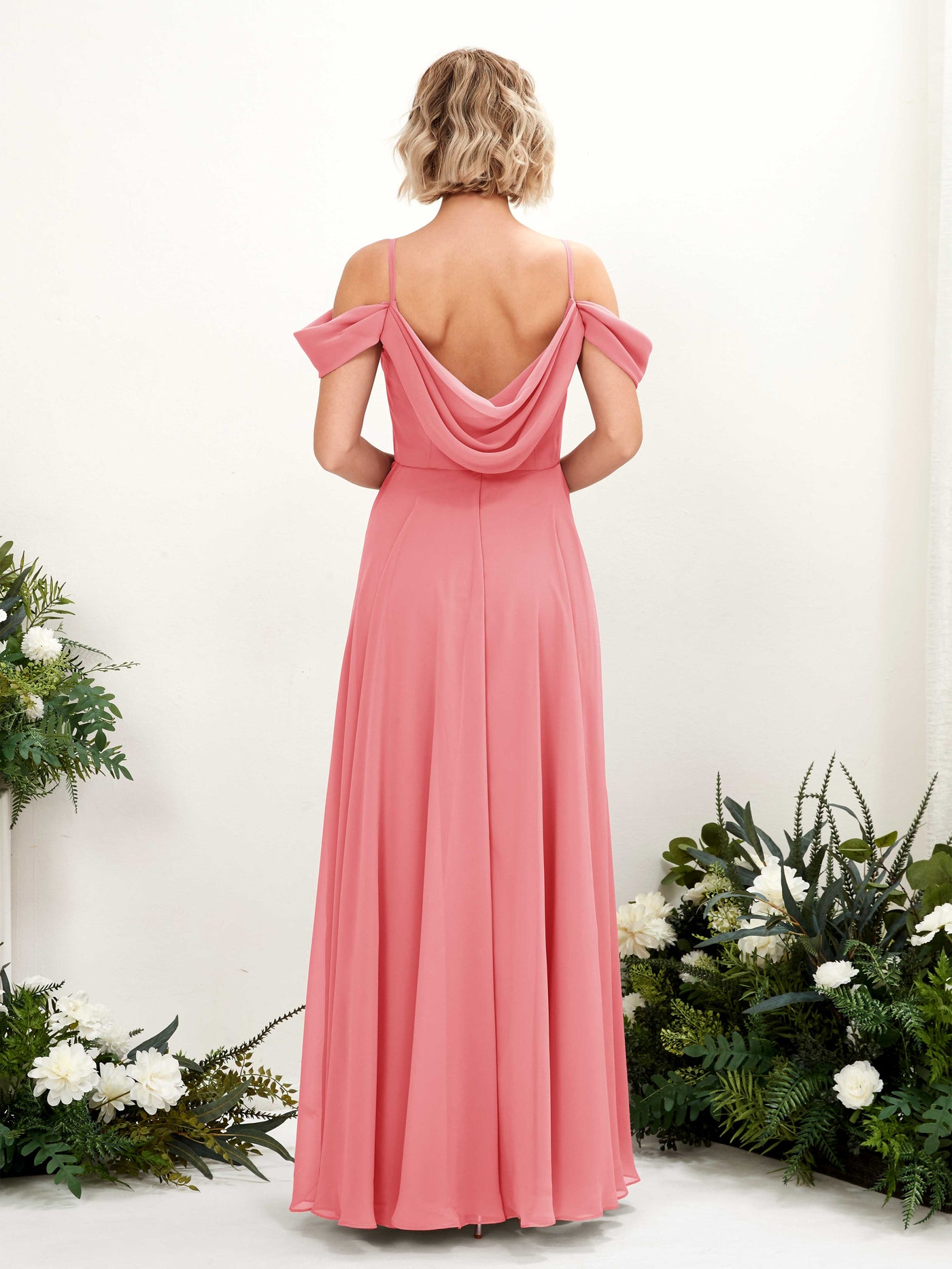 Coral Pink Bridesmaid Dresses Bridesmaid Dress A-line Chiffon Off Shoulder Full Length Sleeveless Wedding Party Dress (81224930)#color_coral-pink