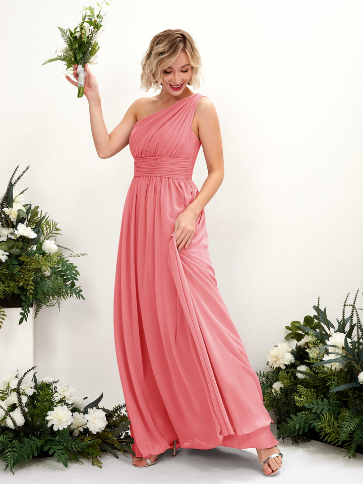 Coral Pink Bridesmaid Dresses Bridesmaid Dress Ball Gown Chiffon One Shoulder Full Length Sleeveless Wedding Party Dress (81225030)