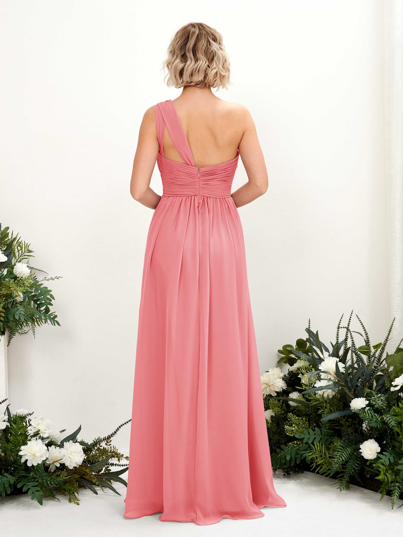Coral Pink Bridesmaid Dresses Bridesmaid Dress Ball Gown Chiffon One Shoulder Full Length Sleeveless Wedding Party Dress (81225030)#color_coral-pink