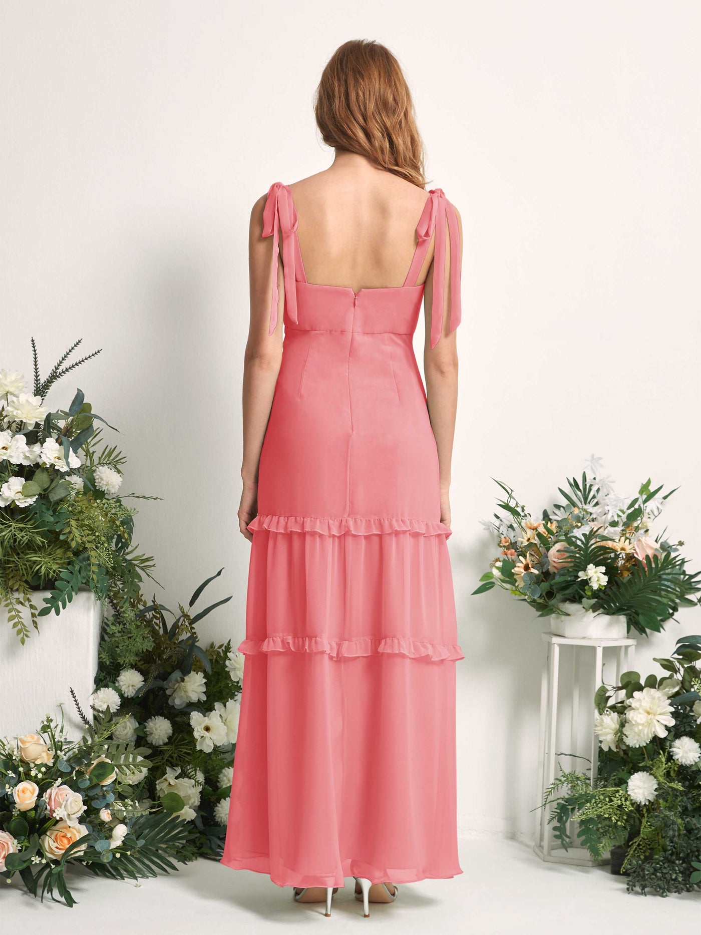 Bridesmaid Dress Chiffon Straps Full Length Sleeveless Wedding Party Dress - Coral Pink (81227530)#color_coral-pink