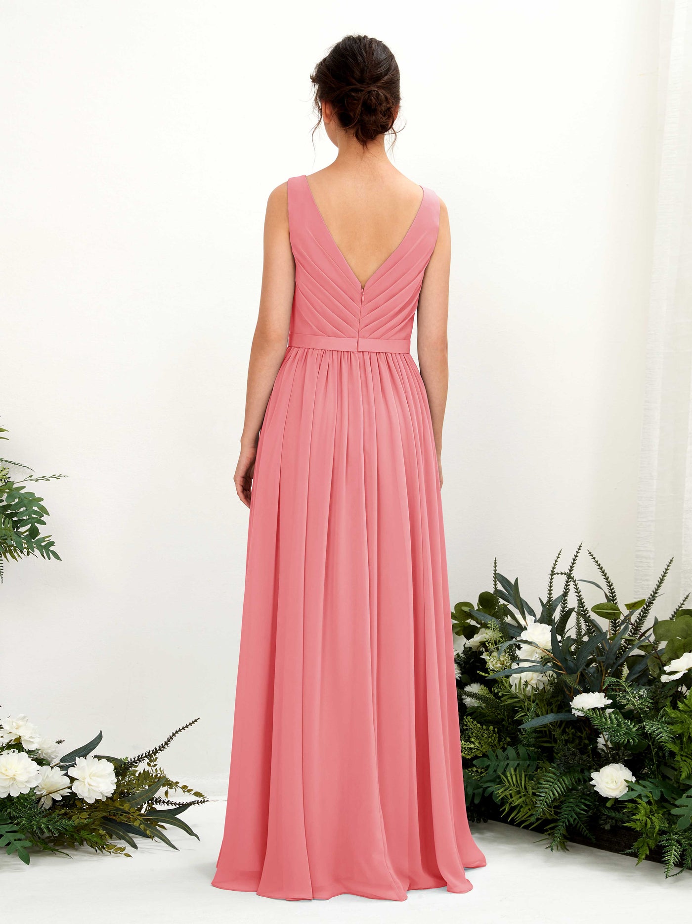 Coral Pink Bridesmaid Dresses Bridesmaid Dress A-line Chiffon V-neck Full Length Sleeveless Wedding Party Dress (81223630)#color_coral-pink