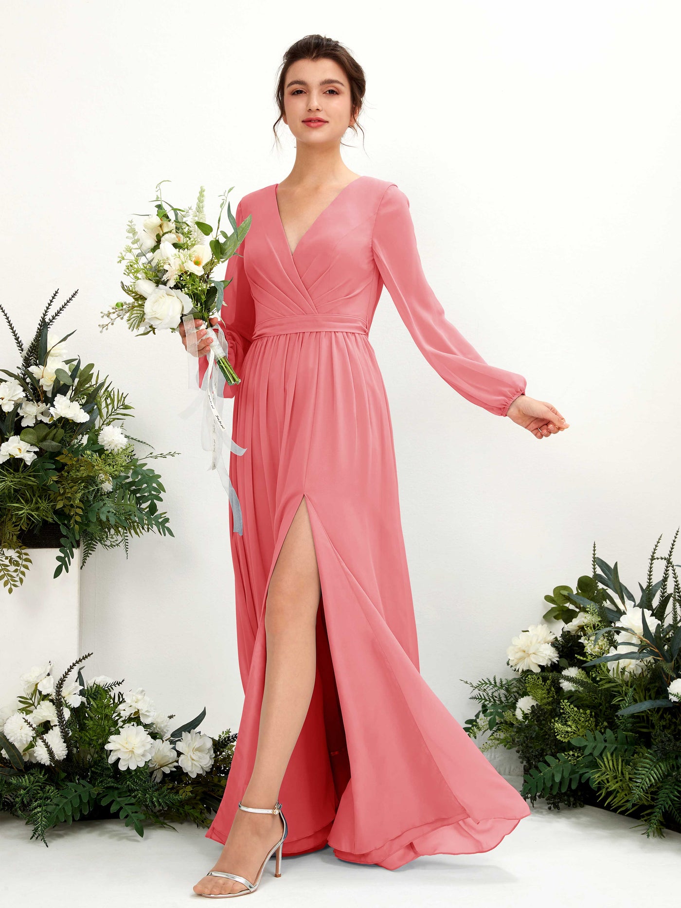 Coral Pink Bridesmaid Dresses Bridesmaid Dress A-line Chiffon V-neck Full Length Long Sleeves Wedding Party Dress (81223830)#color_coral-pink
